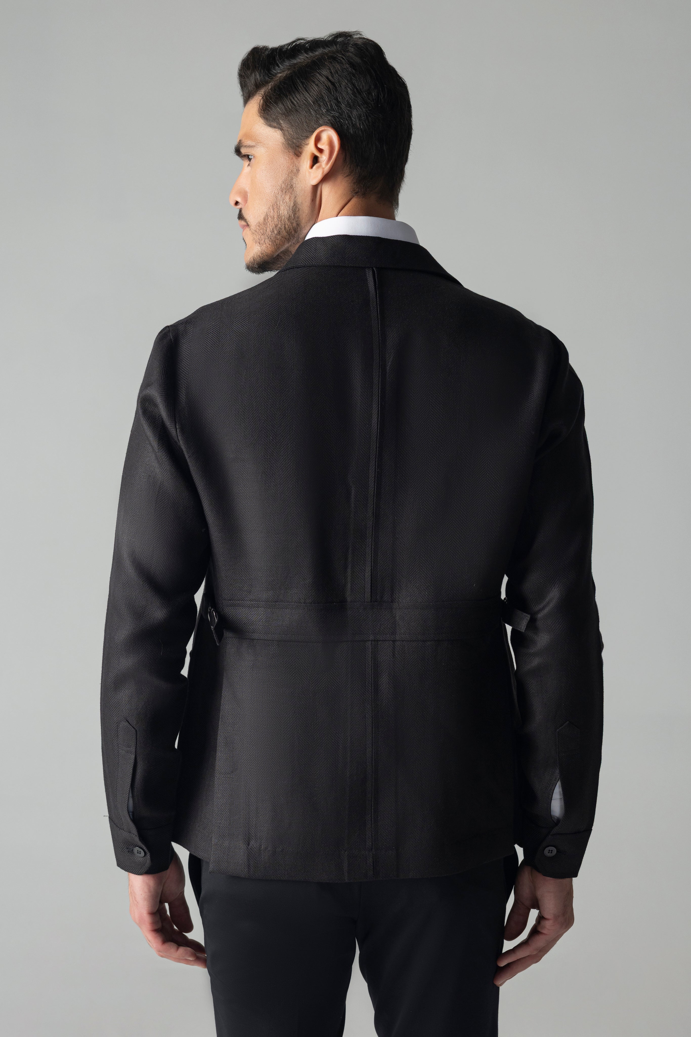 Black linen shacket with four patch pockets and Cuban collar
