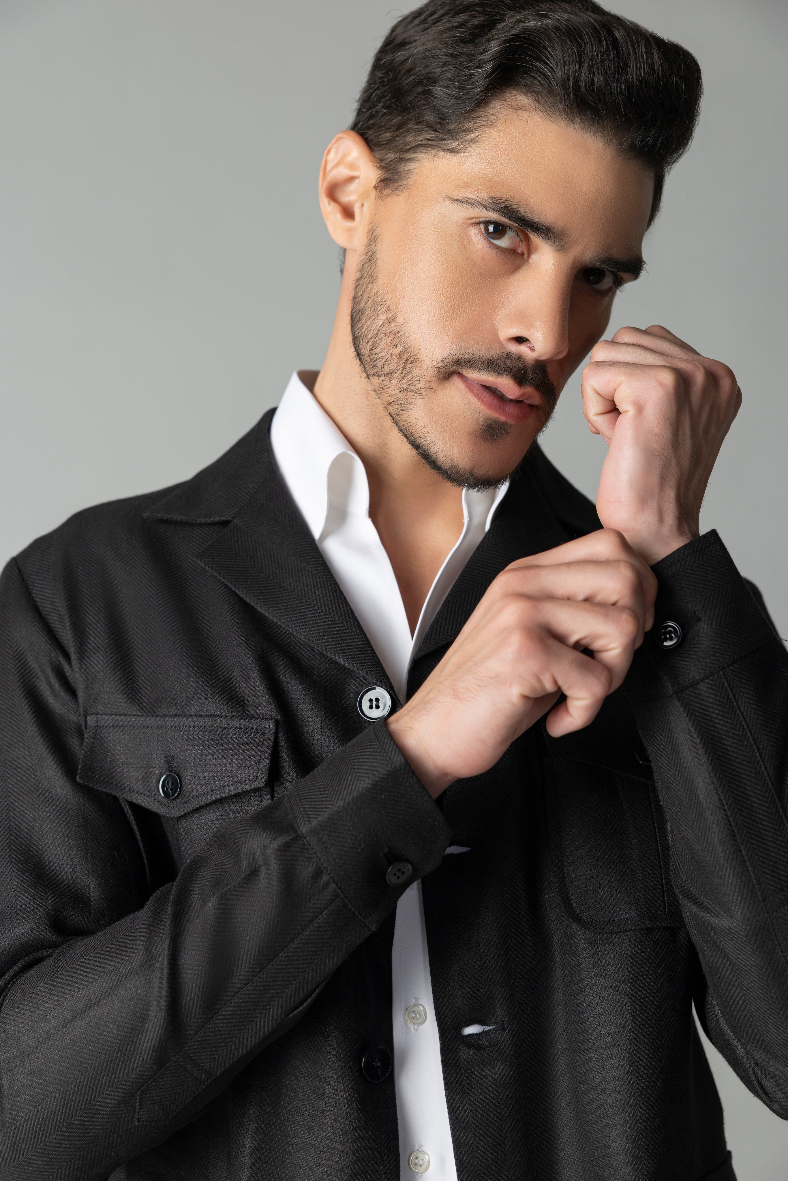 Black linen shacket with four patch pockets and Cuban collar