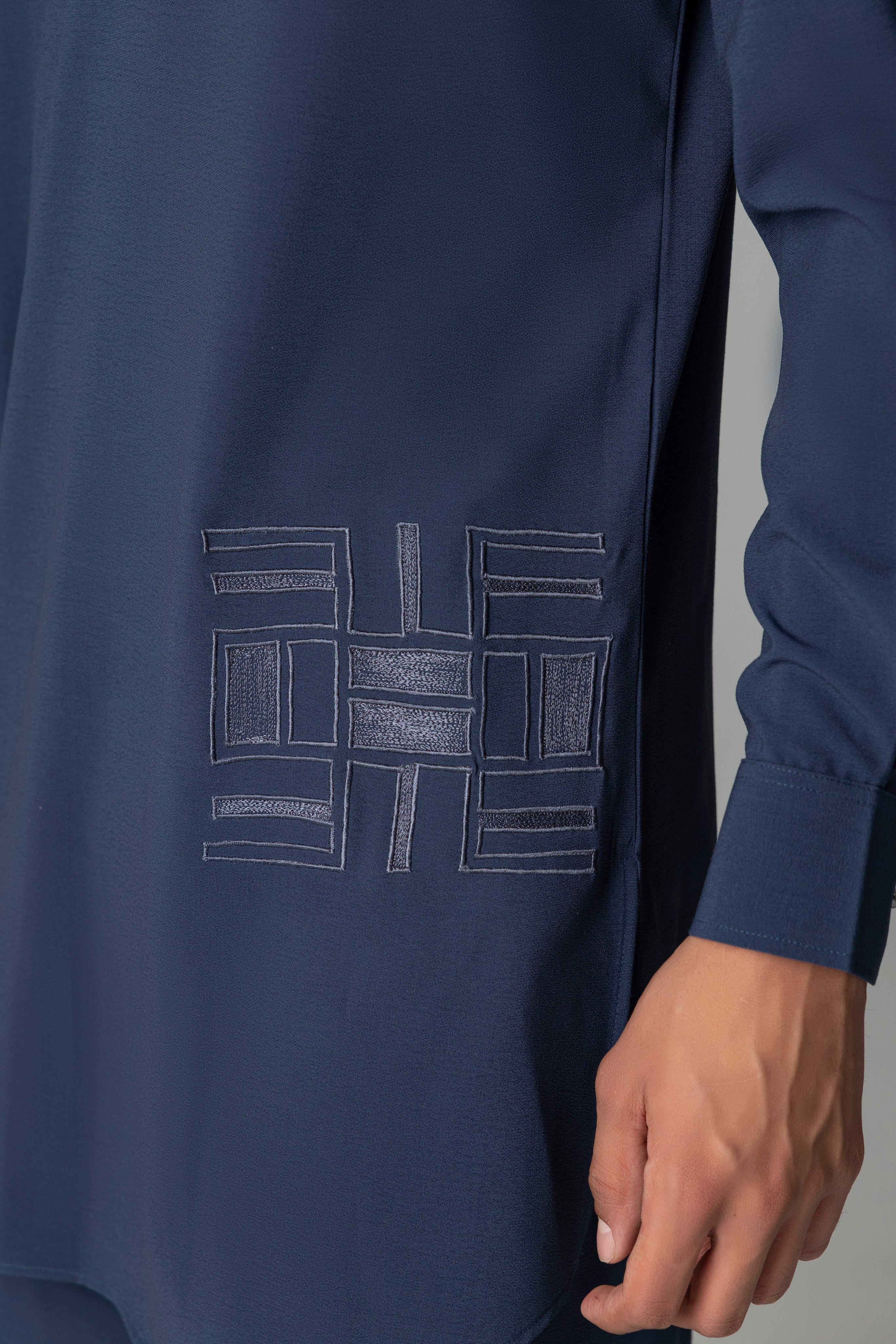 Navy blue short crepe kurta with thread embroidery detailing on the waist, paired with a matching plazzo