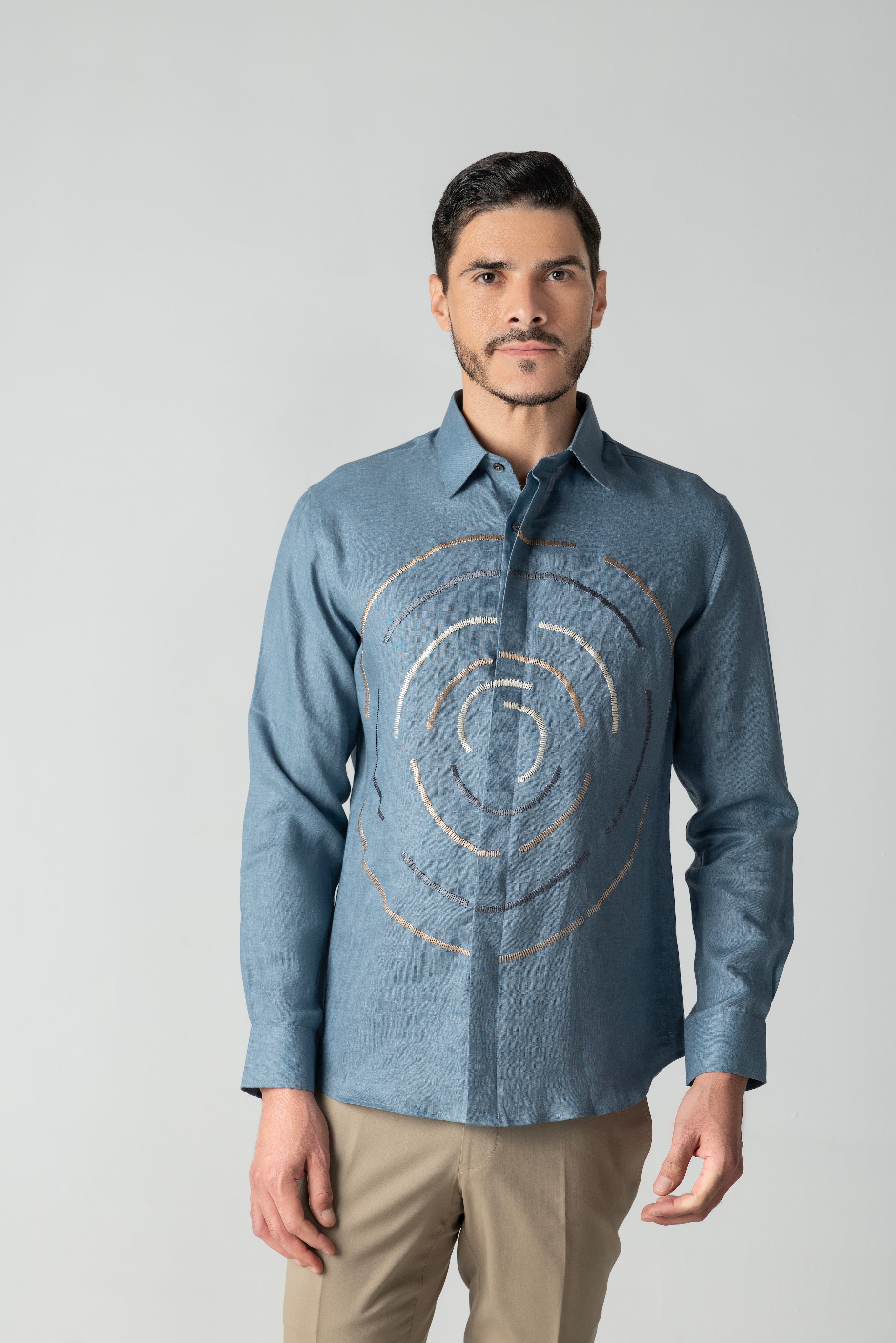 Blue linen shirt with multi-coloured round circular embroidery detailing