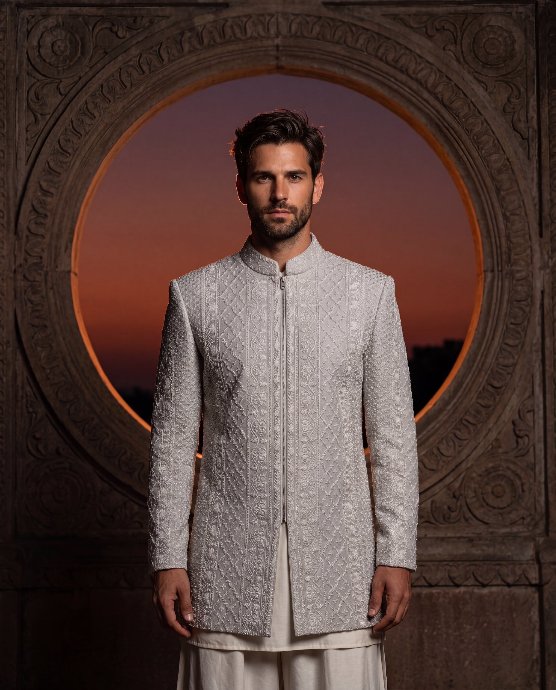 Textured knit Indo-Western jacket with tonal embroidered detailing, paired with a knit kurta and wide-leg pants.