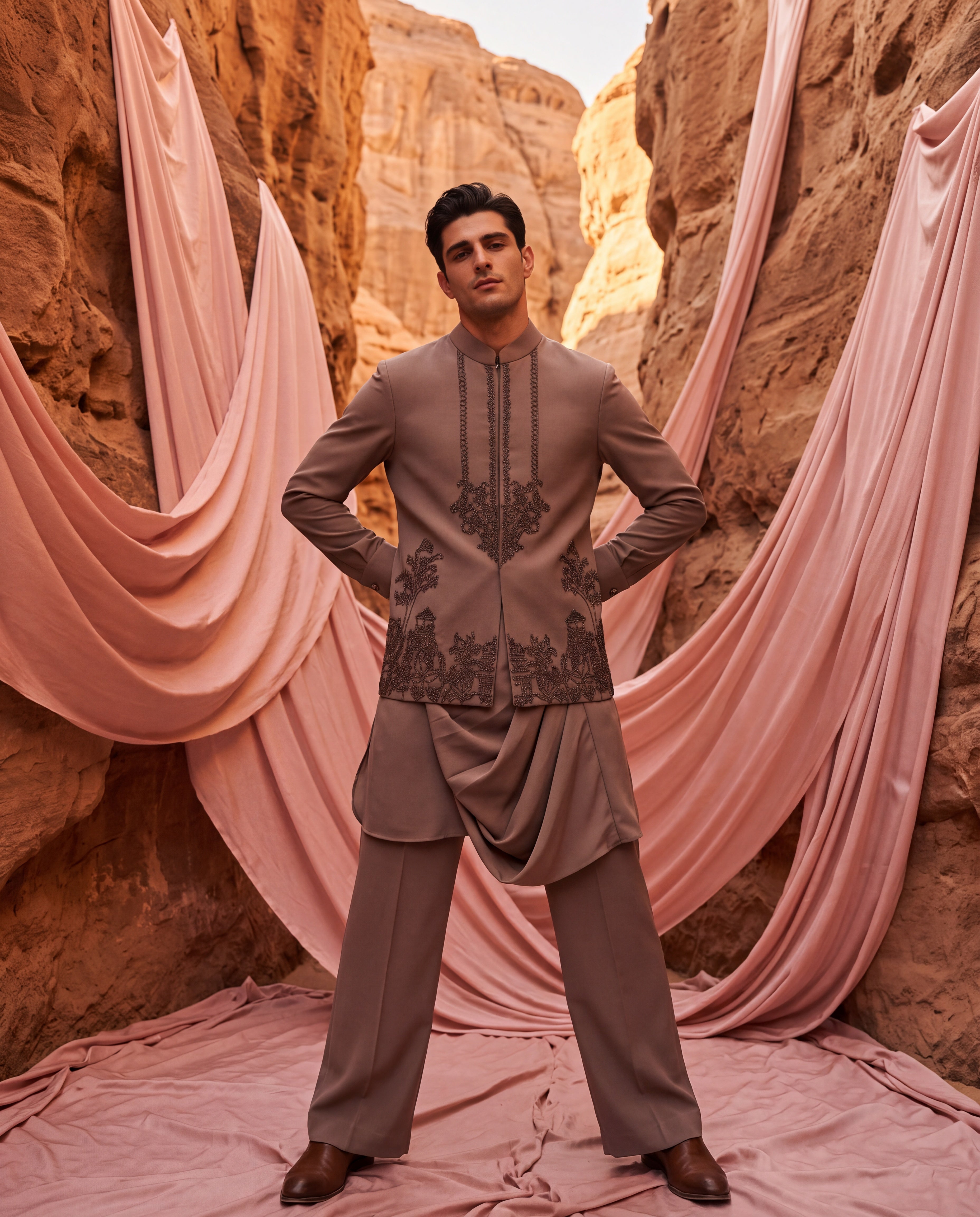 Mouse knit waistcoat with white metallic hand-embroidery paired with a matching knit draped kurta and aligadhi pants.
