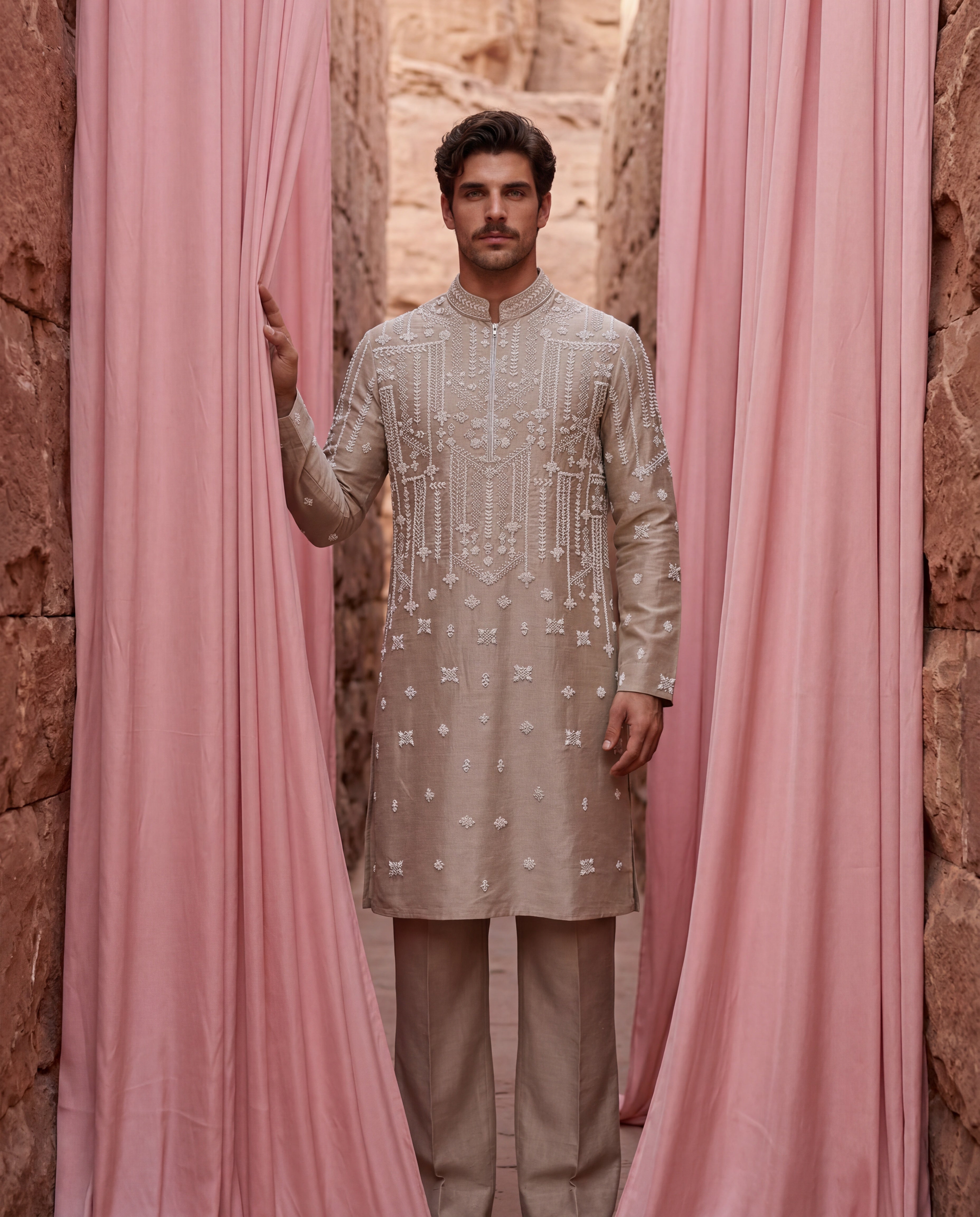 Beige Chanderi silk kurta with ivory embroidered detailing, paired with matching Chanderi silk aligadhi.