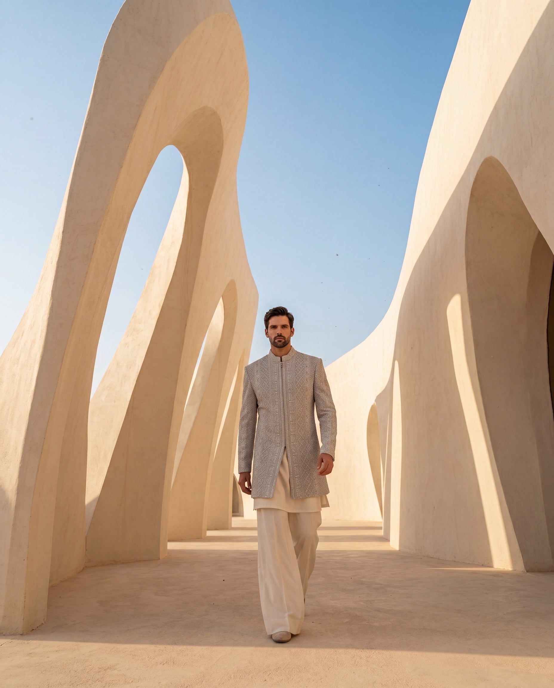 Textured knit Indo-Western jacket with tonal embroidered detailing, paired with a knit kurta and wide-leg pants.