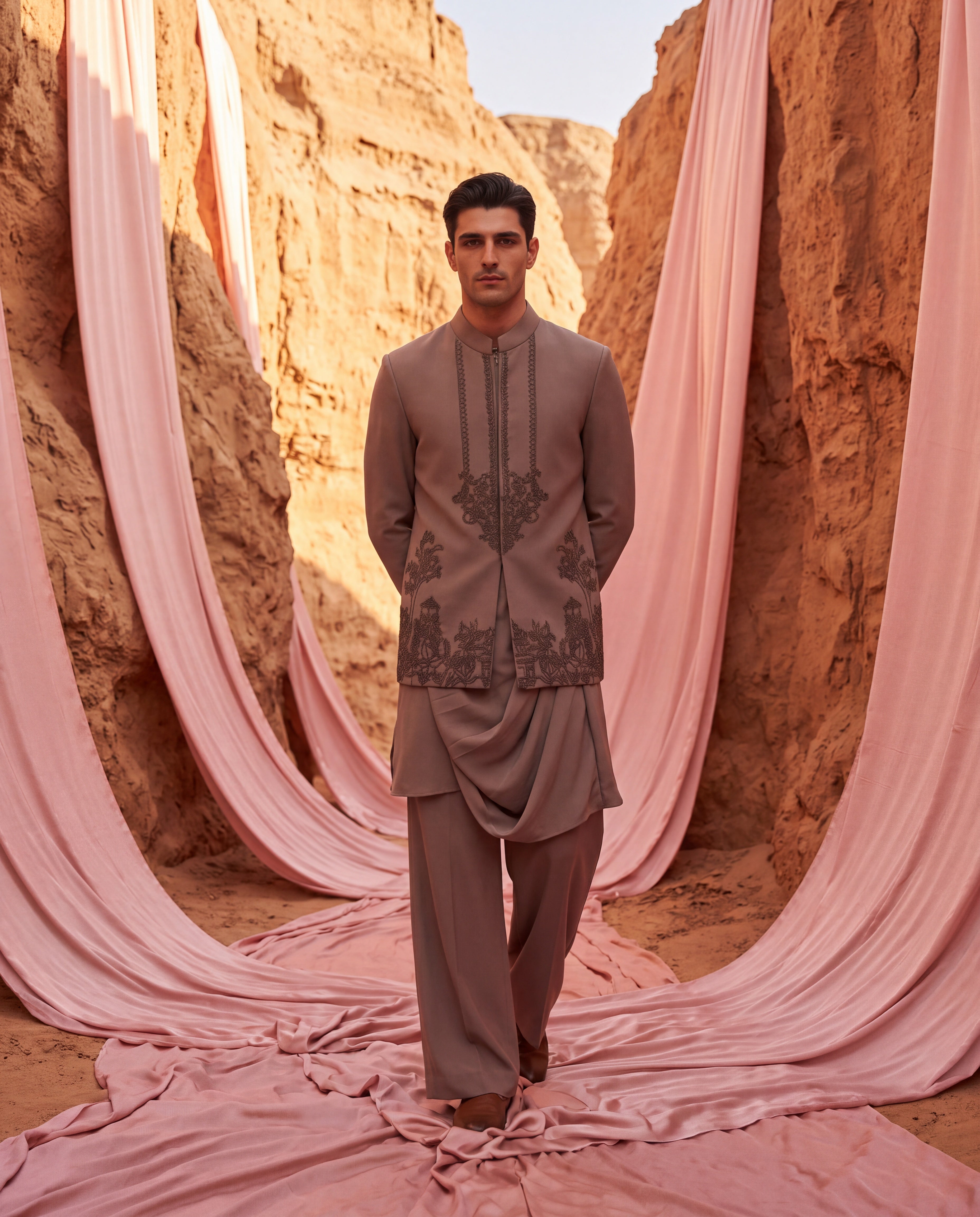 Mouse knit waistcoat with white metallic hand-embroidery paired with a matching knit draped kurta and aligadhi pants.