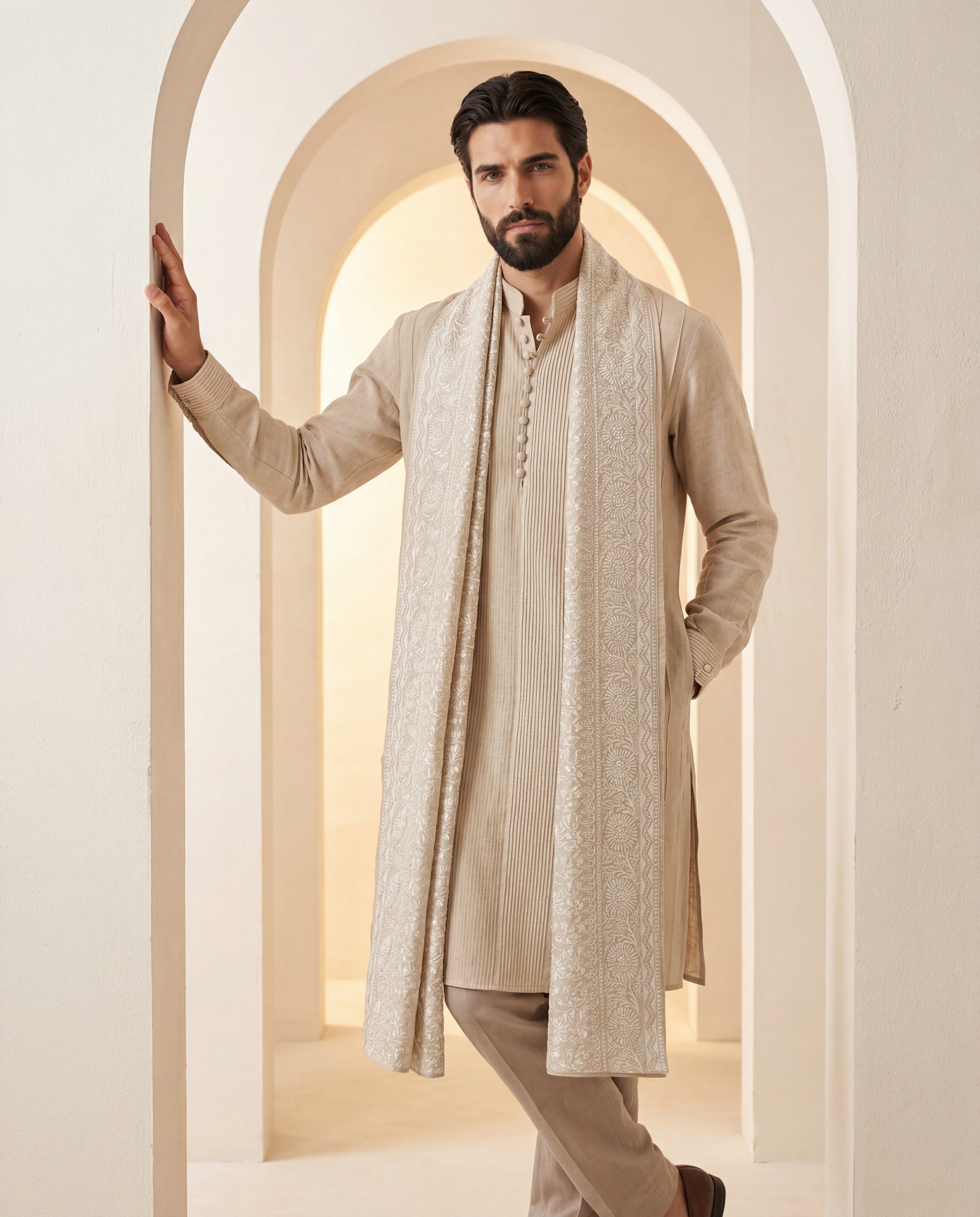 Linen kurta with pintucks detailing, paired with matching linen aligadhi andan embroidered stole.