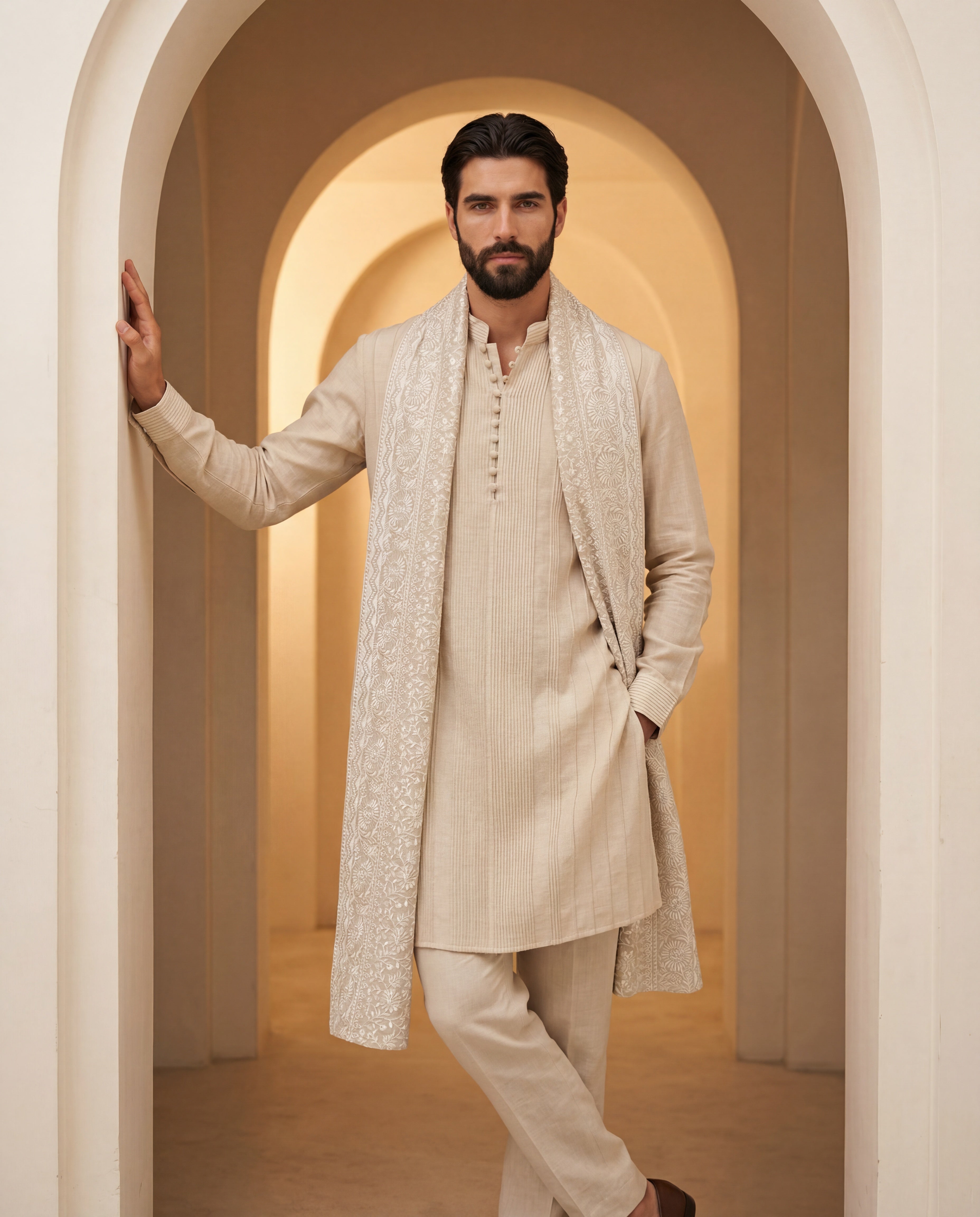 Linen kurta with pintucks detailing, paired with matching linen aligadhi andan embroidered stole.