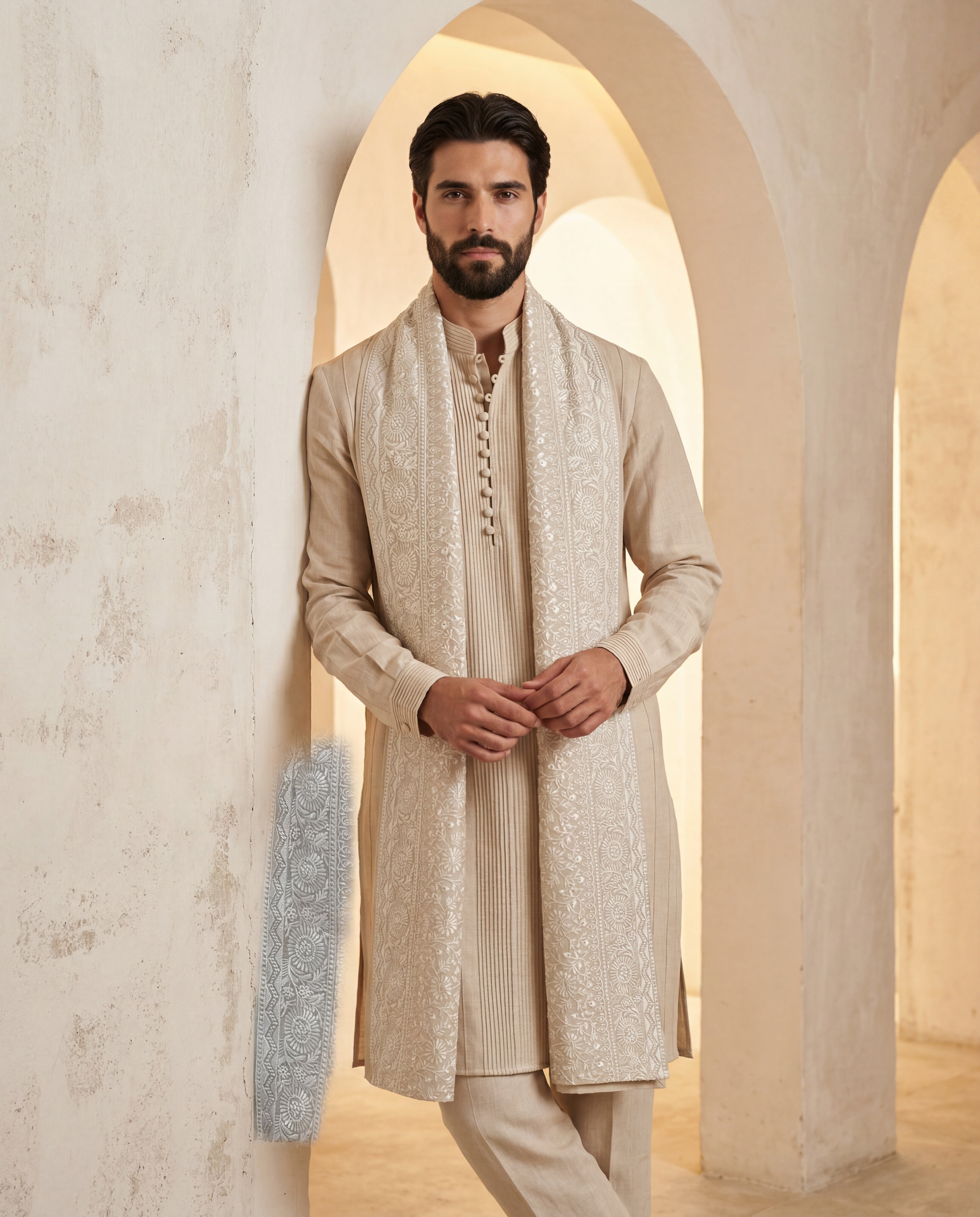 Linen kurta with pintucks detailing, paired with matching linen aligadhi andan embroidered stole.