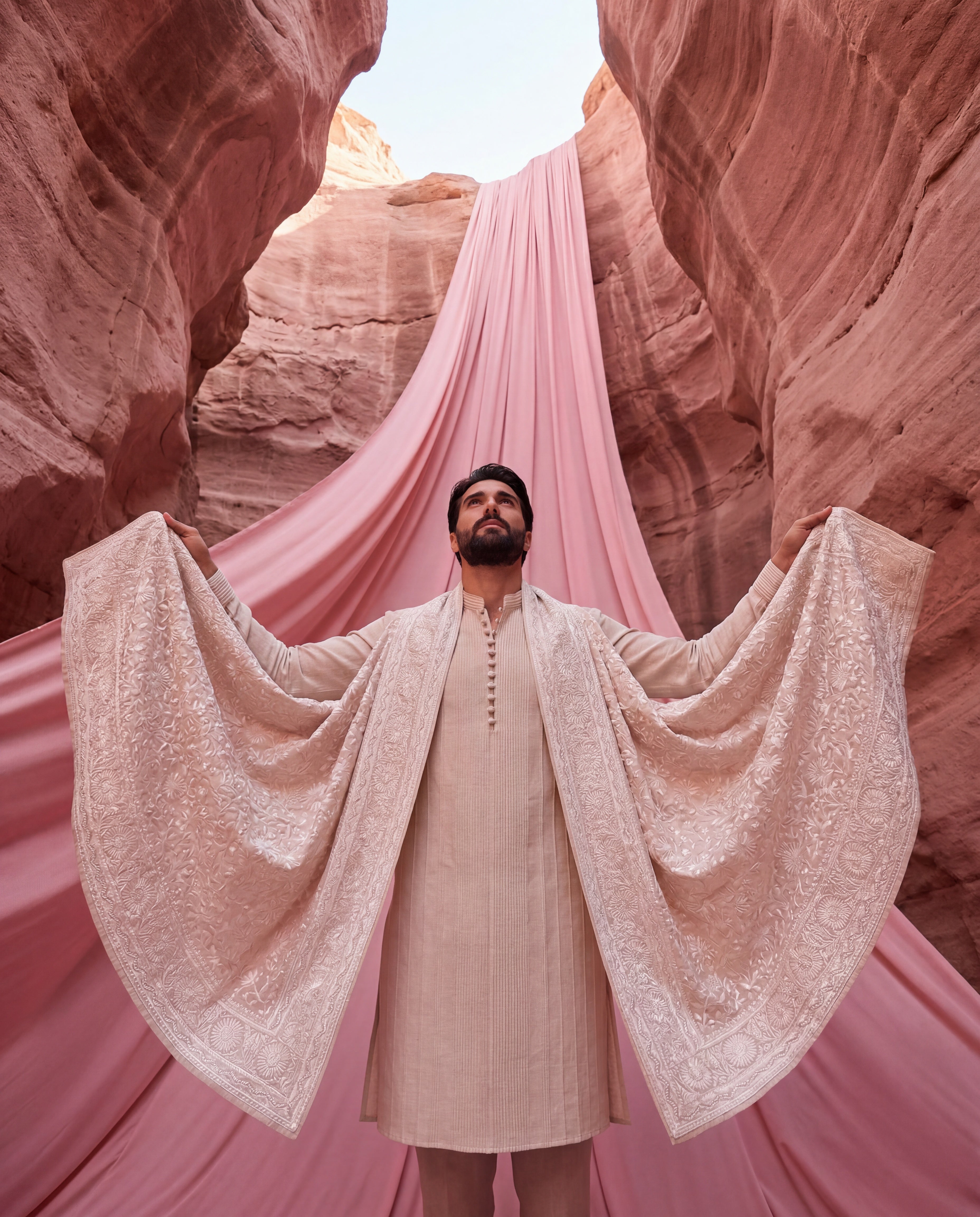 Linen kurta with pintucks detailing, paired with matching linen aligadhi andan embroidered stole.