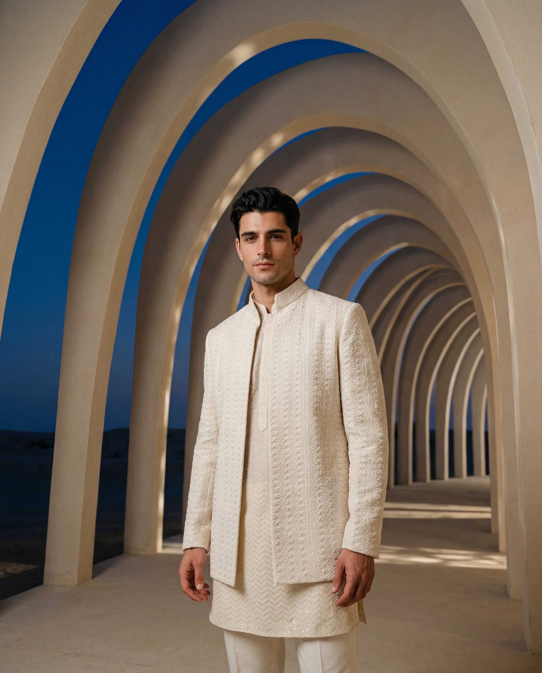 Crochet Indo-Western jacket with embroidery detailing, paired with a matching crochet kurta and knit pants.