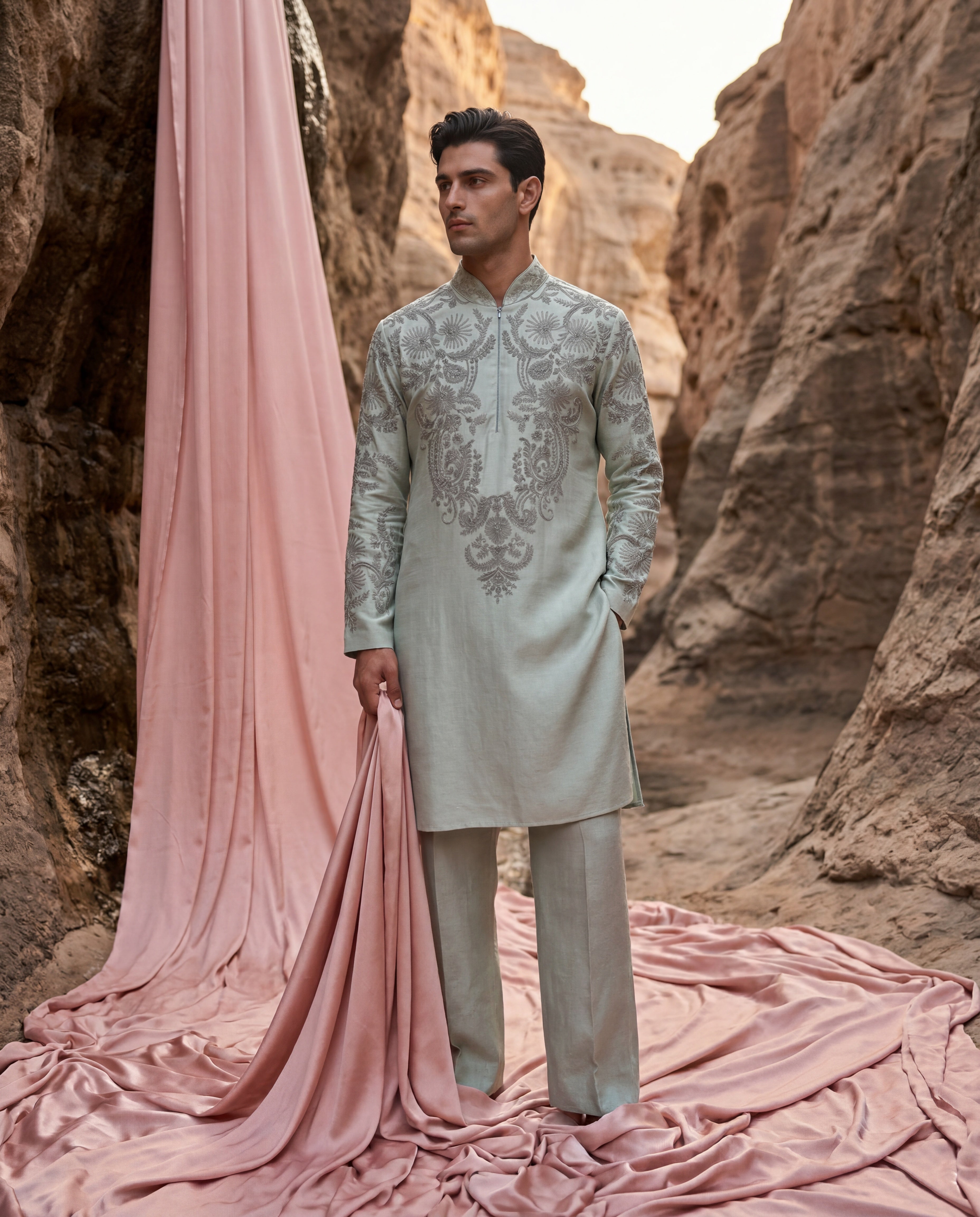Teal green bamboo silk kurta with embroidered detailing, paired with matching bamboo silk aligadhi.