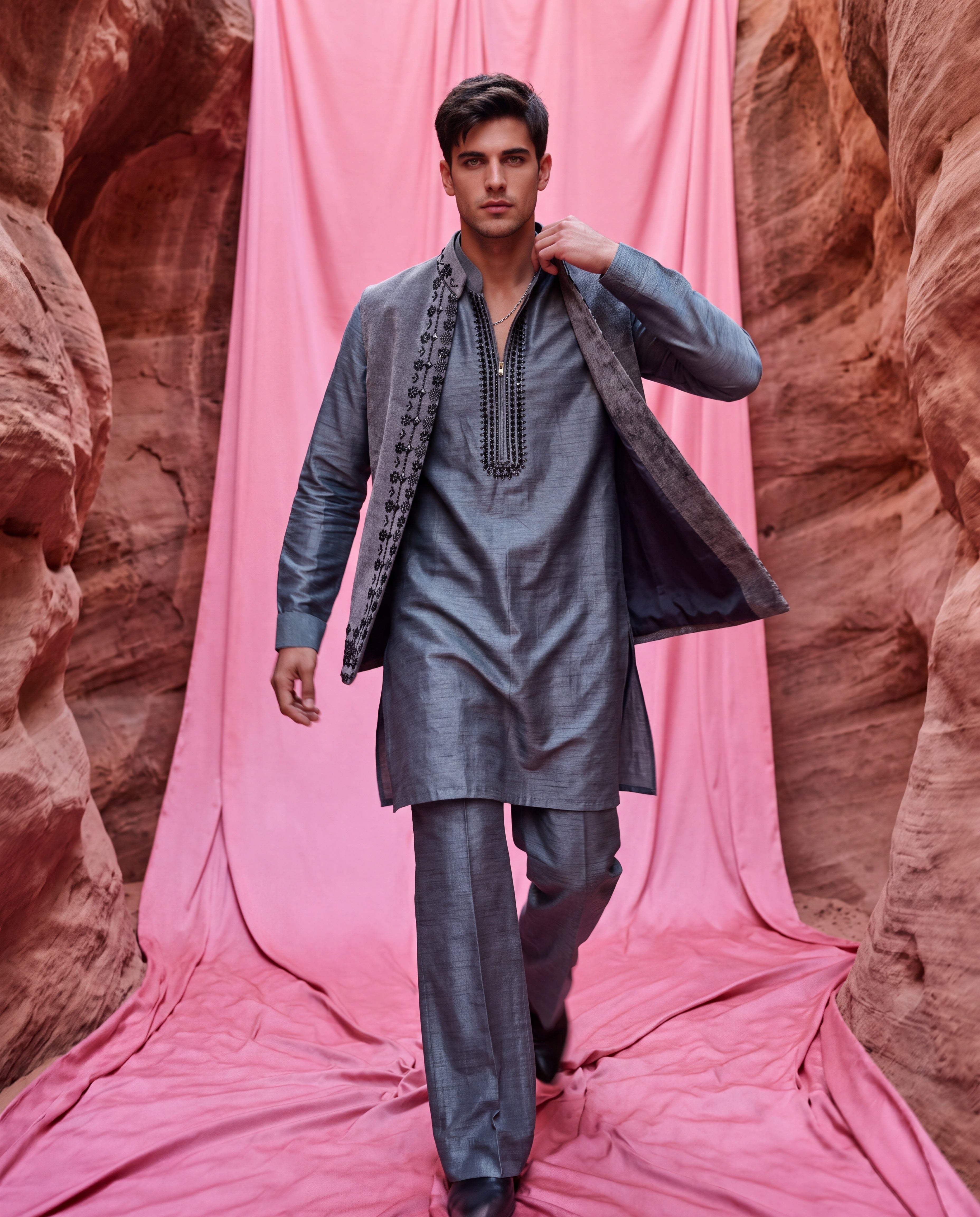 Grey textured velvet waistcoat with metallic hand embroidery detailing, paired with an embroidered silk kurta and matching aligadhi pants.