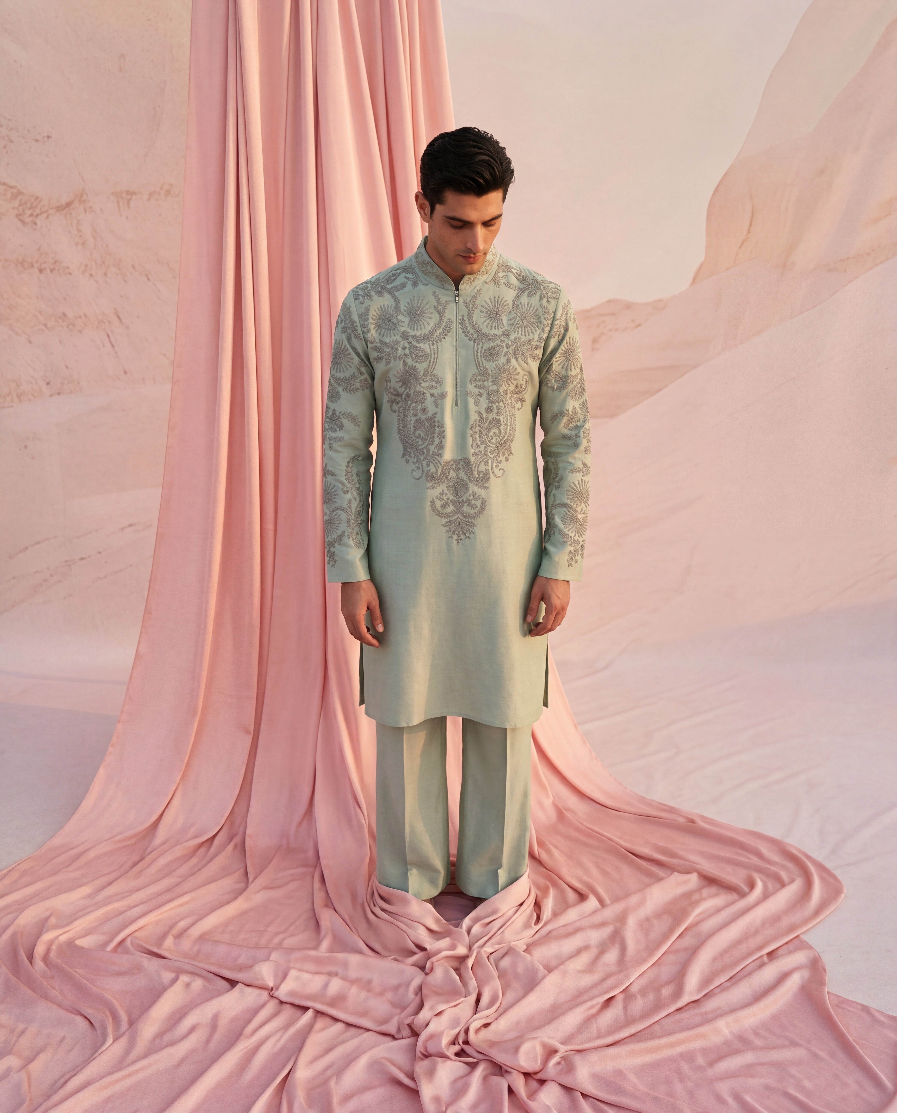 Teal green bamboo silk kurta with embroidered detailing, paired with matching bamboo silk aligadhi.