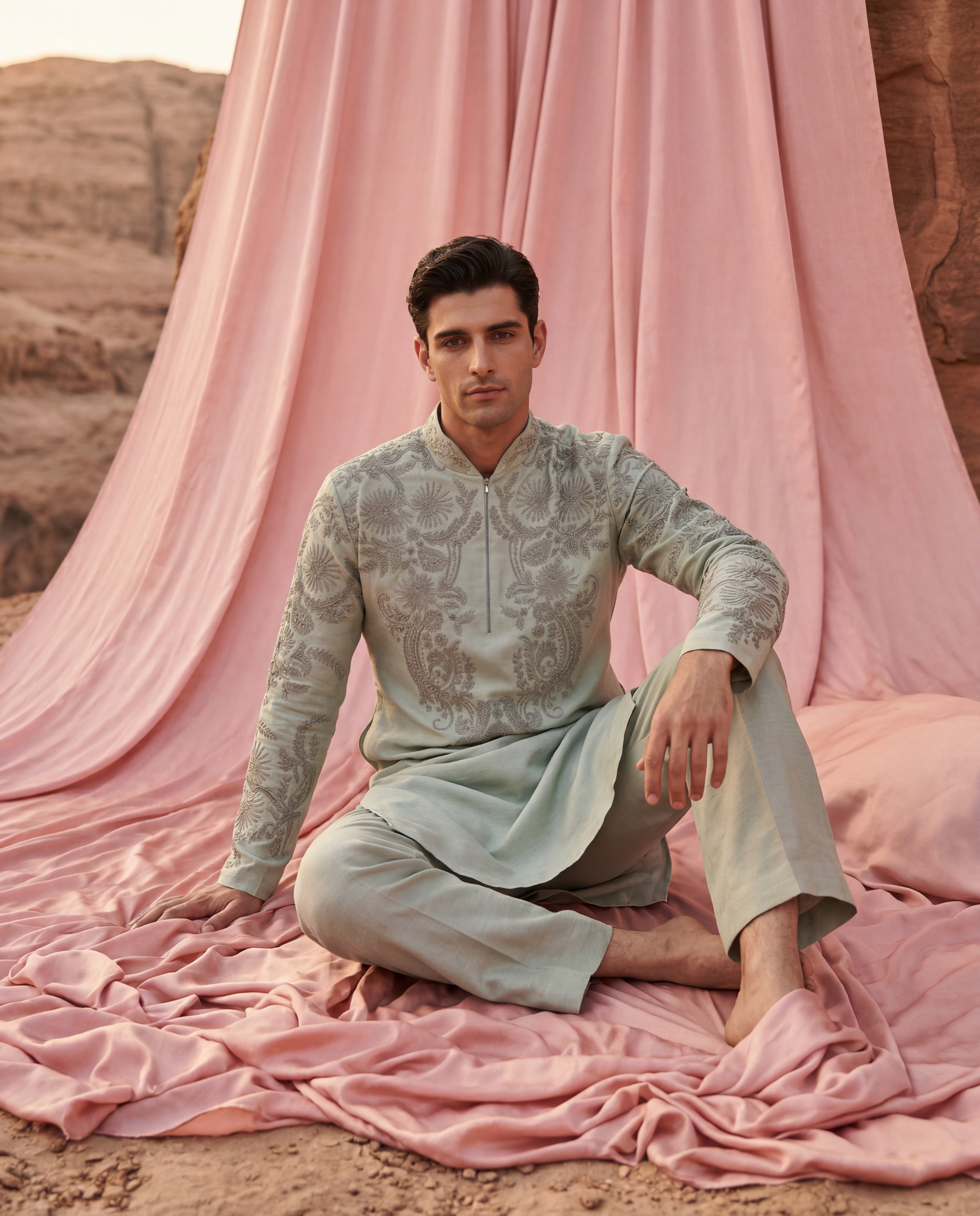 Teal green bamboo silk kurta with embroidered detailing, paired with matching bamboo silk aligadhi.