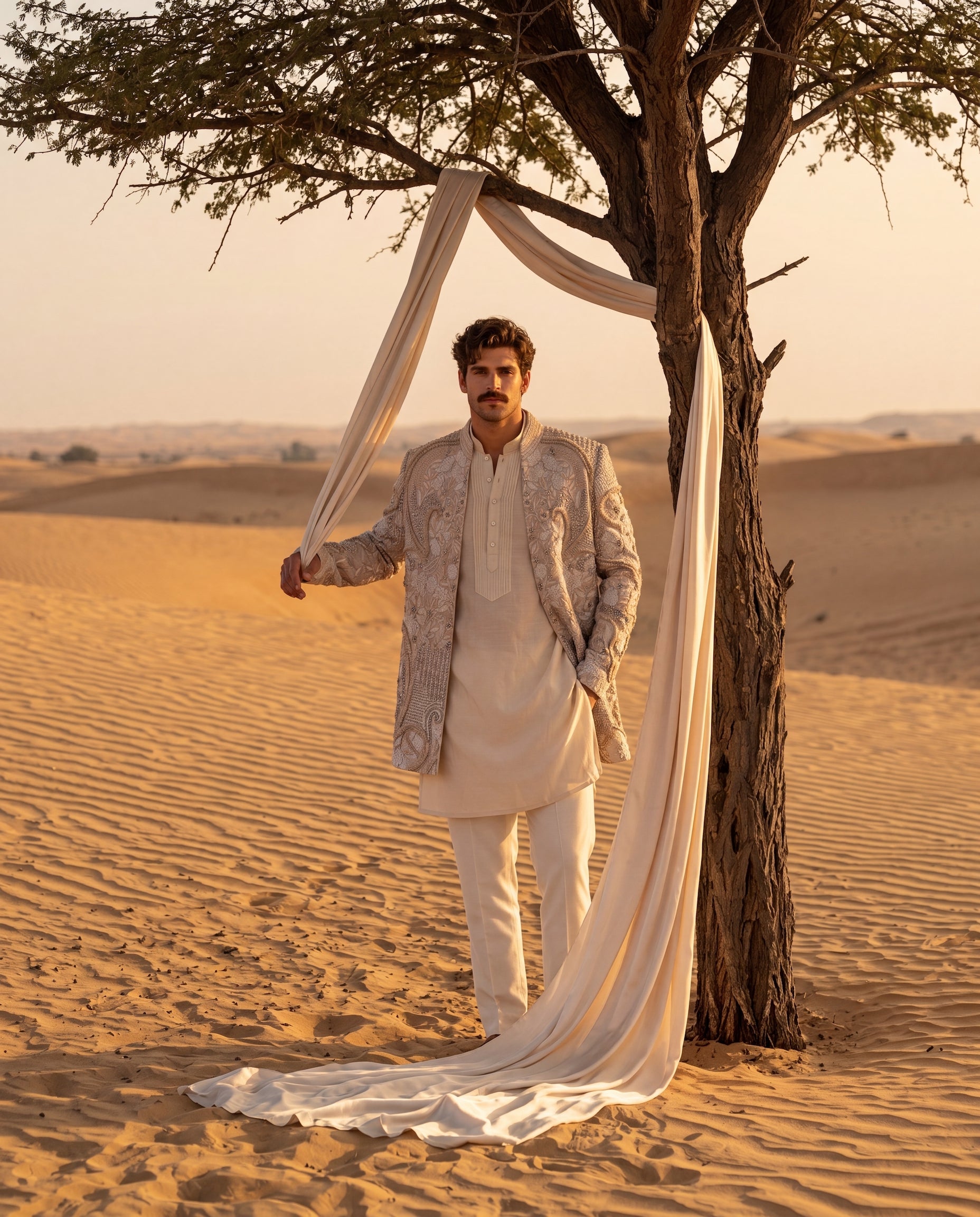 Twill knit Indo-Western jacket with intricate textured emrboidery detailing all over, paired with a cotton modal kurta and matching twill knit pants.