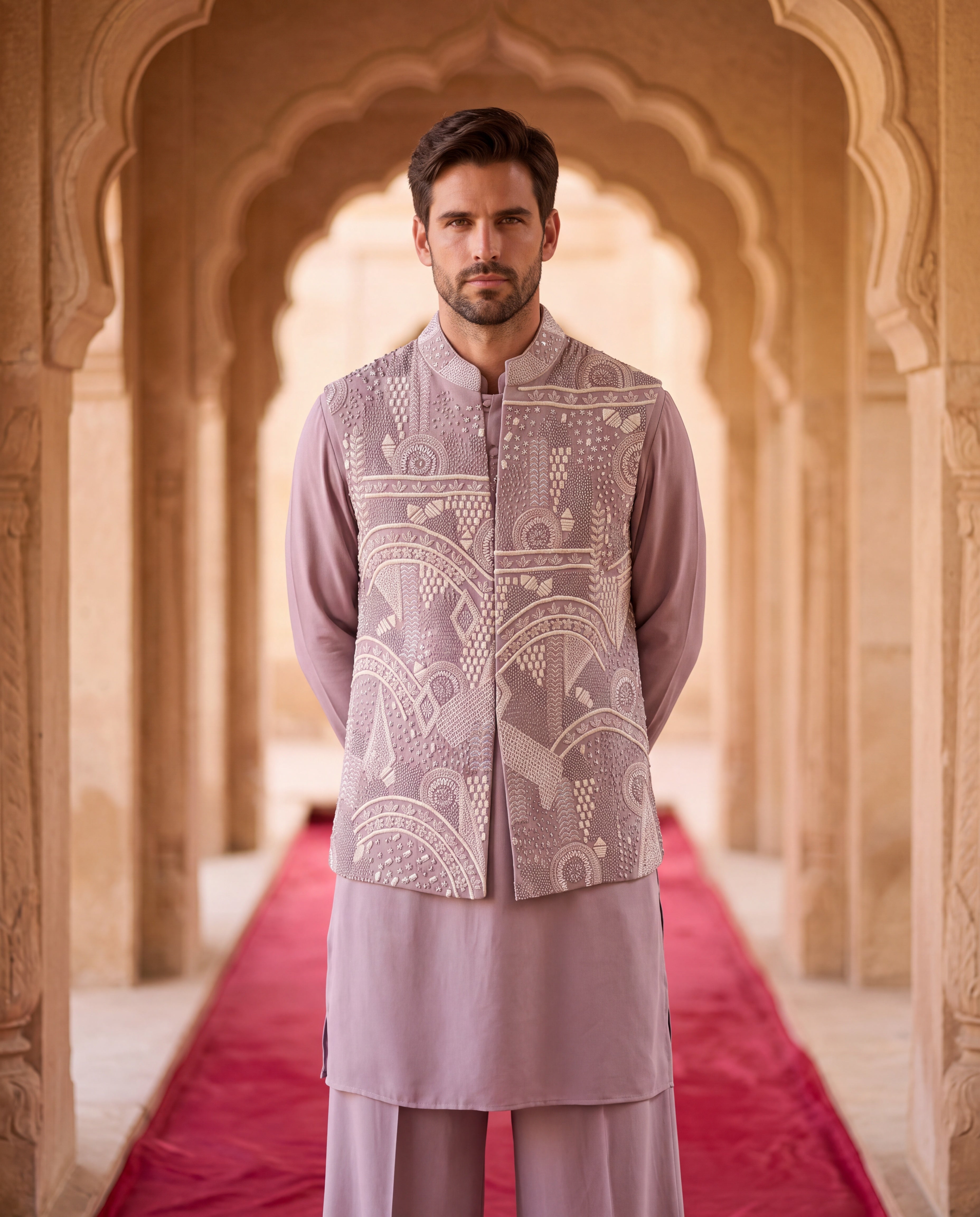 Mauve knit waistcoat with monotone hand embroidery detailing, paired with a knit kurta and matching aligadhi pants.