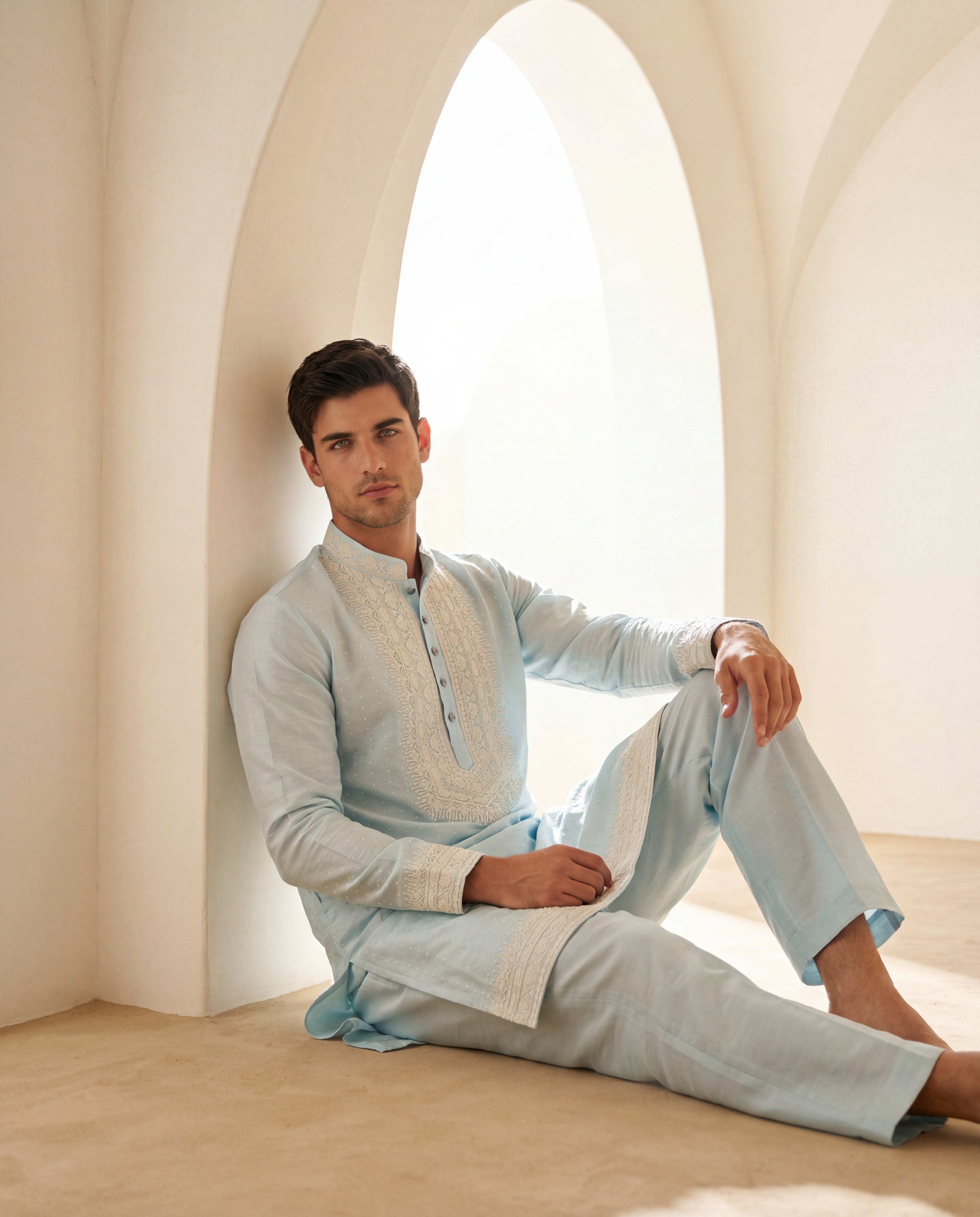 Sky blue Chanderi silk kurta with ivory embroidered neckline detailing, paired with matching Chanderi silk aligadhi.