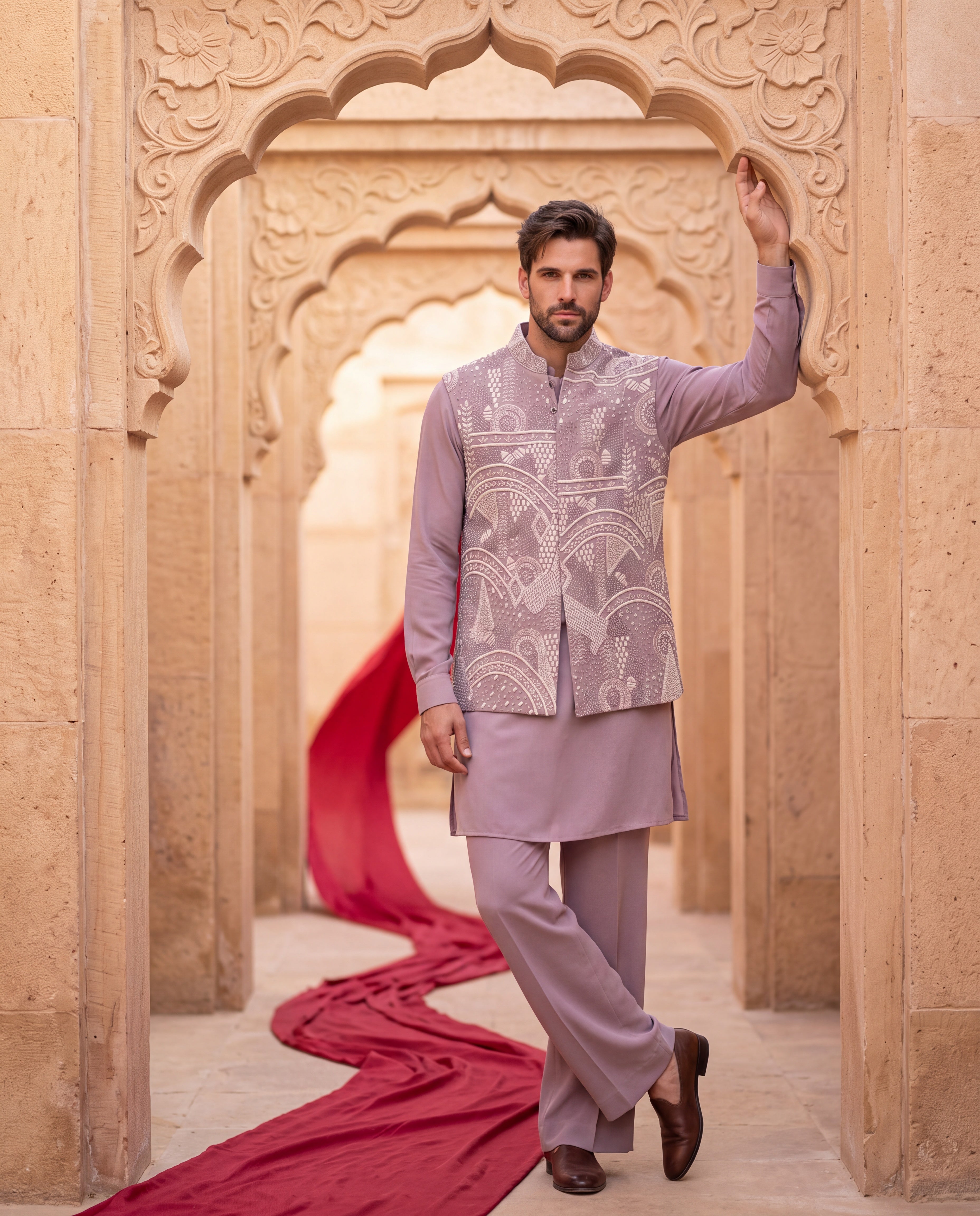 Mauve knit waistcoat with monotone hand embroidery detailing, paired with a knit kurta and matching aligadhi pants.