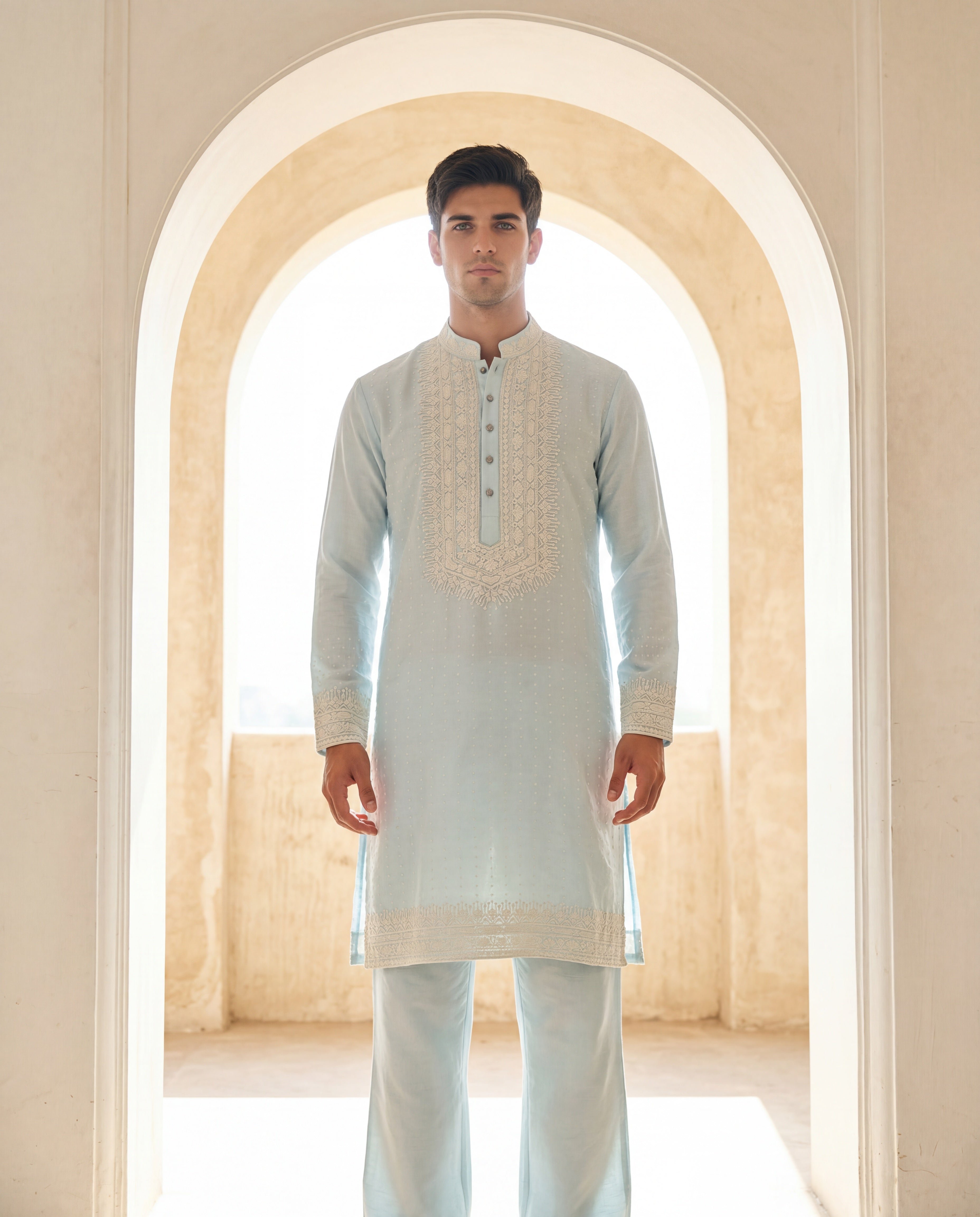 Sky blue Chanderi silk kurta with ivory embroidered neckline detailing, paired with matching Chanderi silk aligadhi.
