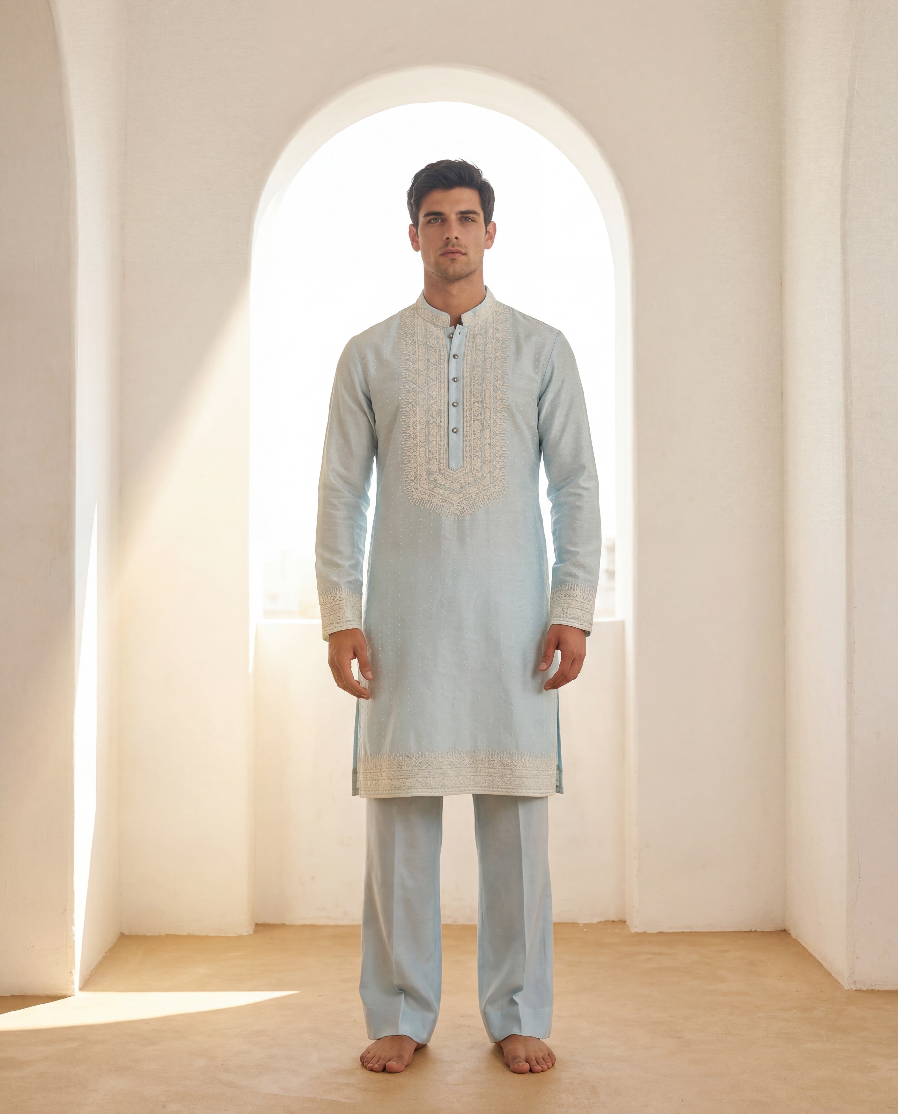 Sky blue Chanderi silk kurta with ivory embroidered neckline detailing, paired with matching Chanderi silk aligadhi.