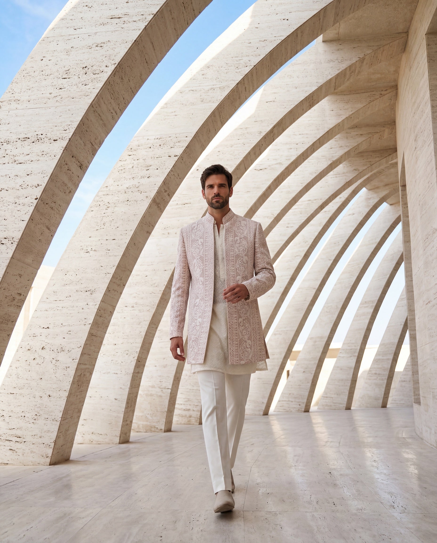Baby pink Twill knit Indo-Western jacket with tonal embroidery, paired with an embroidered georgette kurta and matching pants.