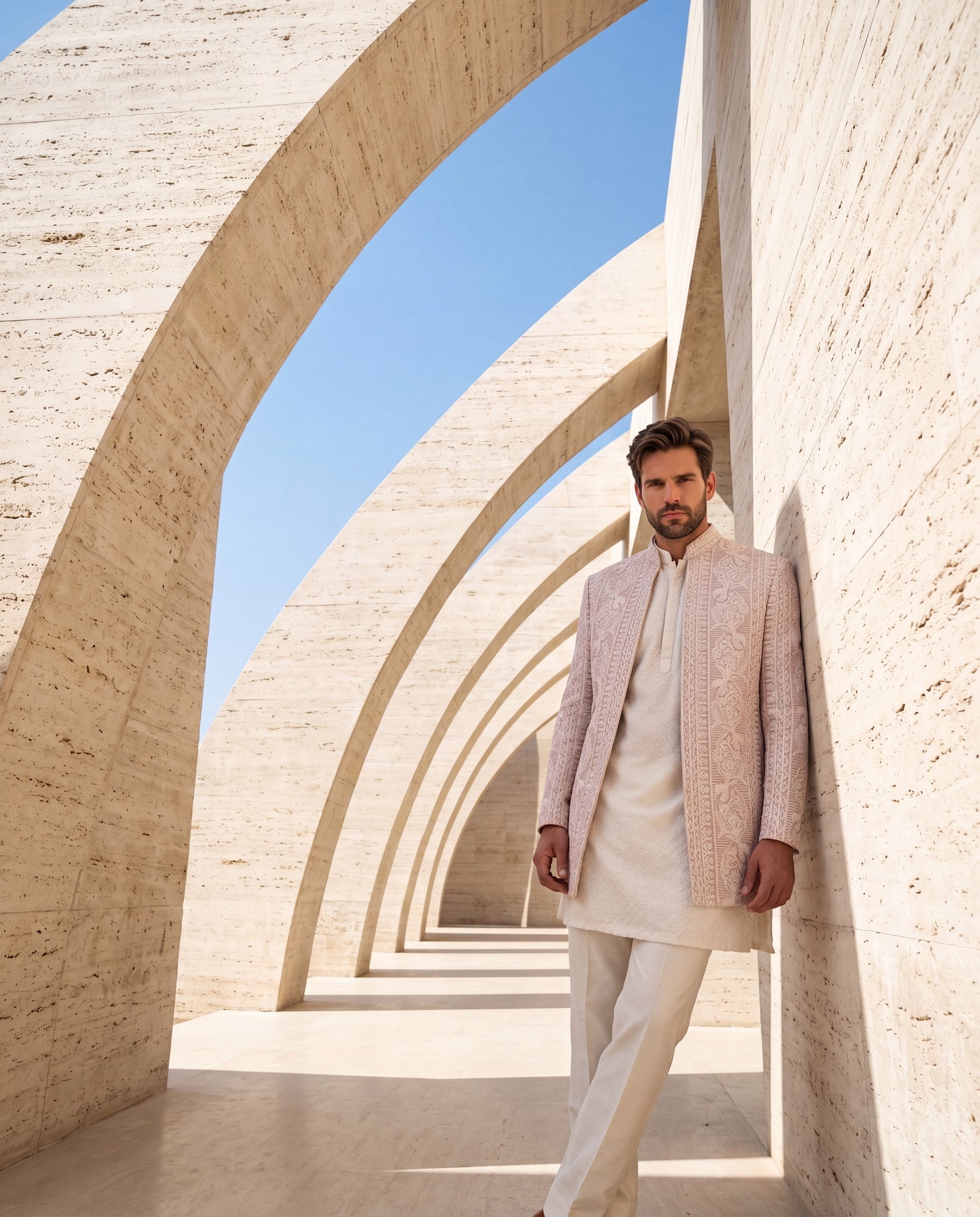 Baby pink Twill knit Indo-Western jacket with tonal embroidery, paired with an embroidered georgette kurta and matching pants.