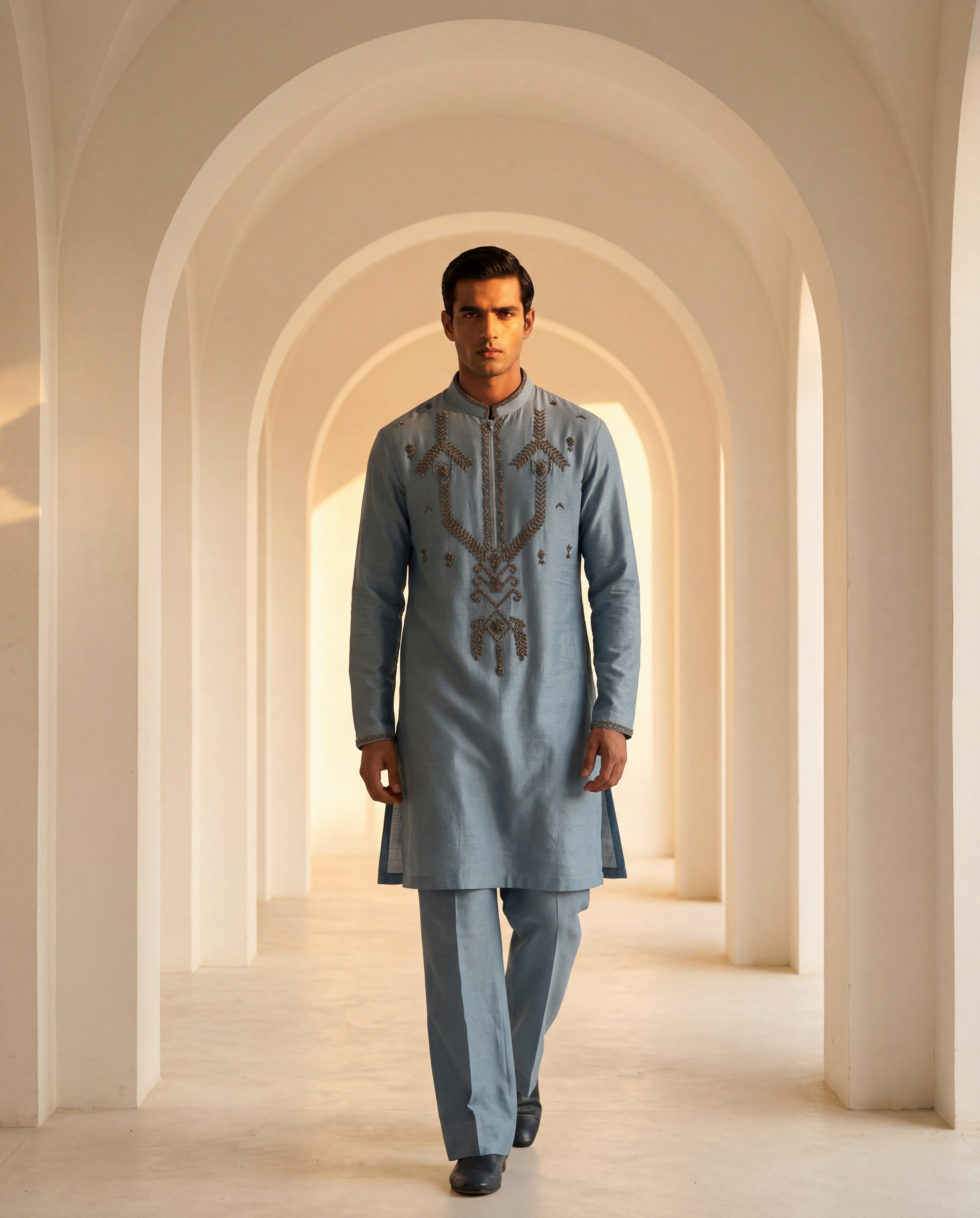 Blue Chanderi silk kurta with intricate embroidered detailing, paired with matching Chanderi silk aligadhi.