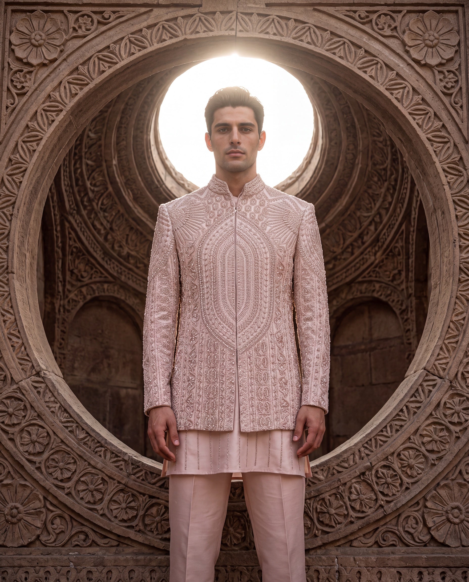 Baby pink Linen rayon silk Indo-Western jacket with monotone embroidery detailing, paired with a matching kurta and palazzo.