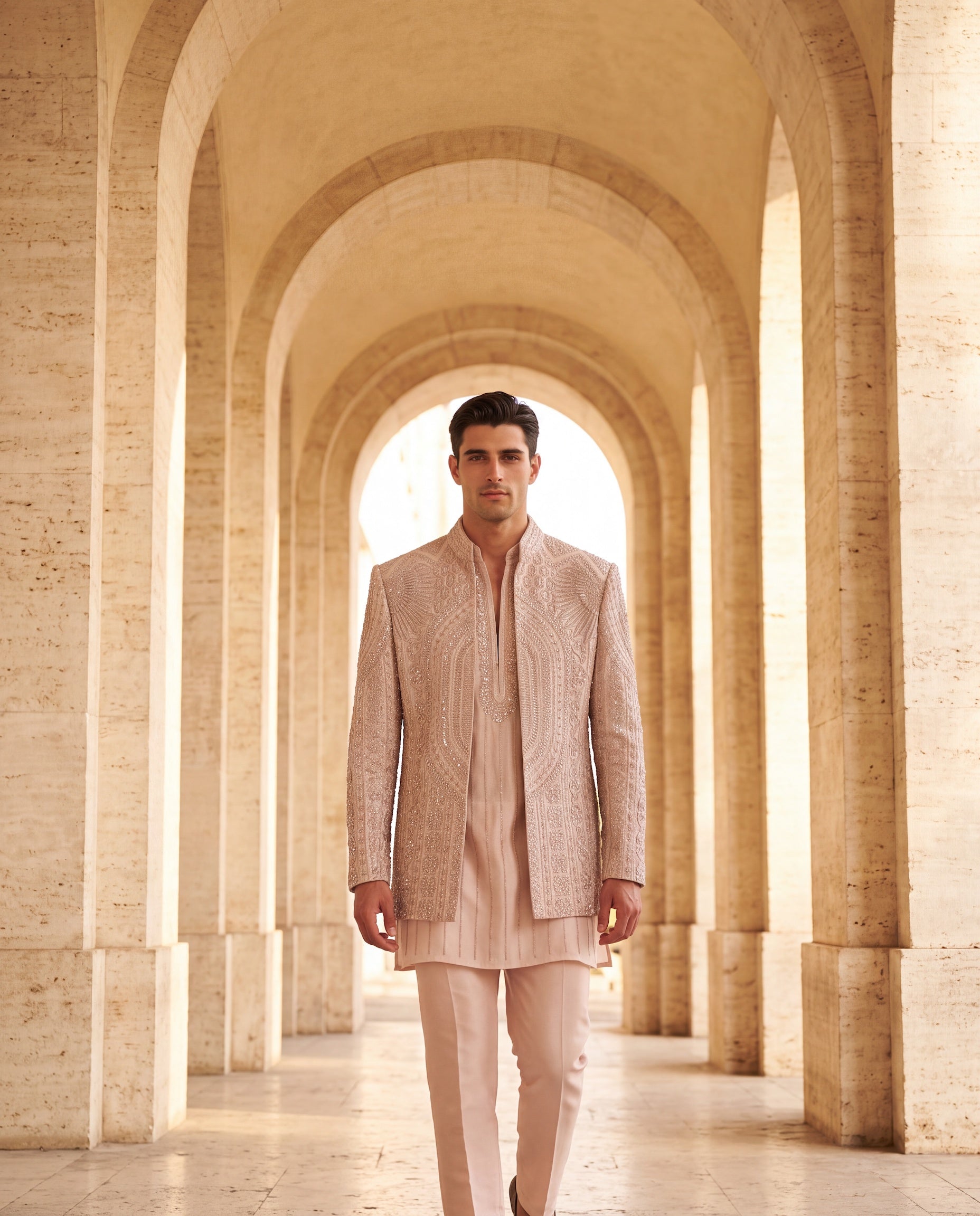 Baby pink Linen rayon silk Indo-Western jacket with monotone embroidery detailing, paired with a matching kurta and palazzo.