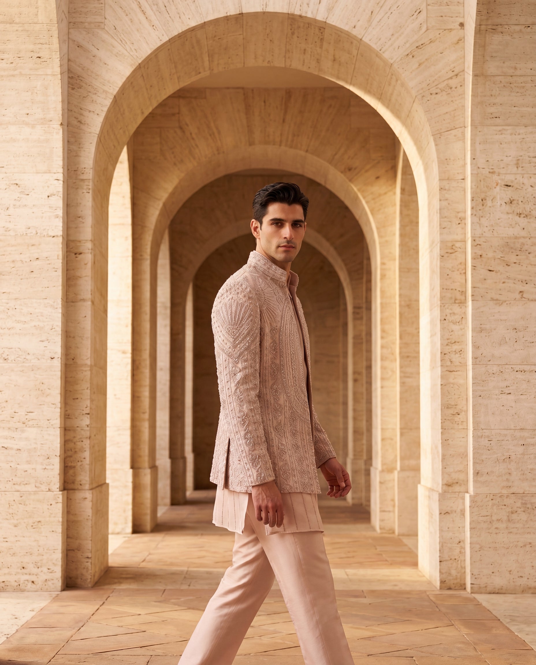 Baby pink Linen rayon silk Indo-Western jacket with monotone embroidery detailing, paired with a matching kurta and palazzo.