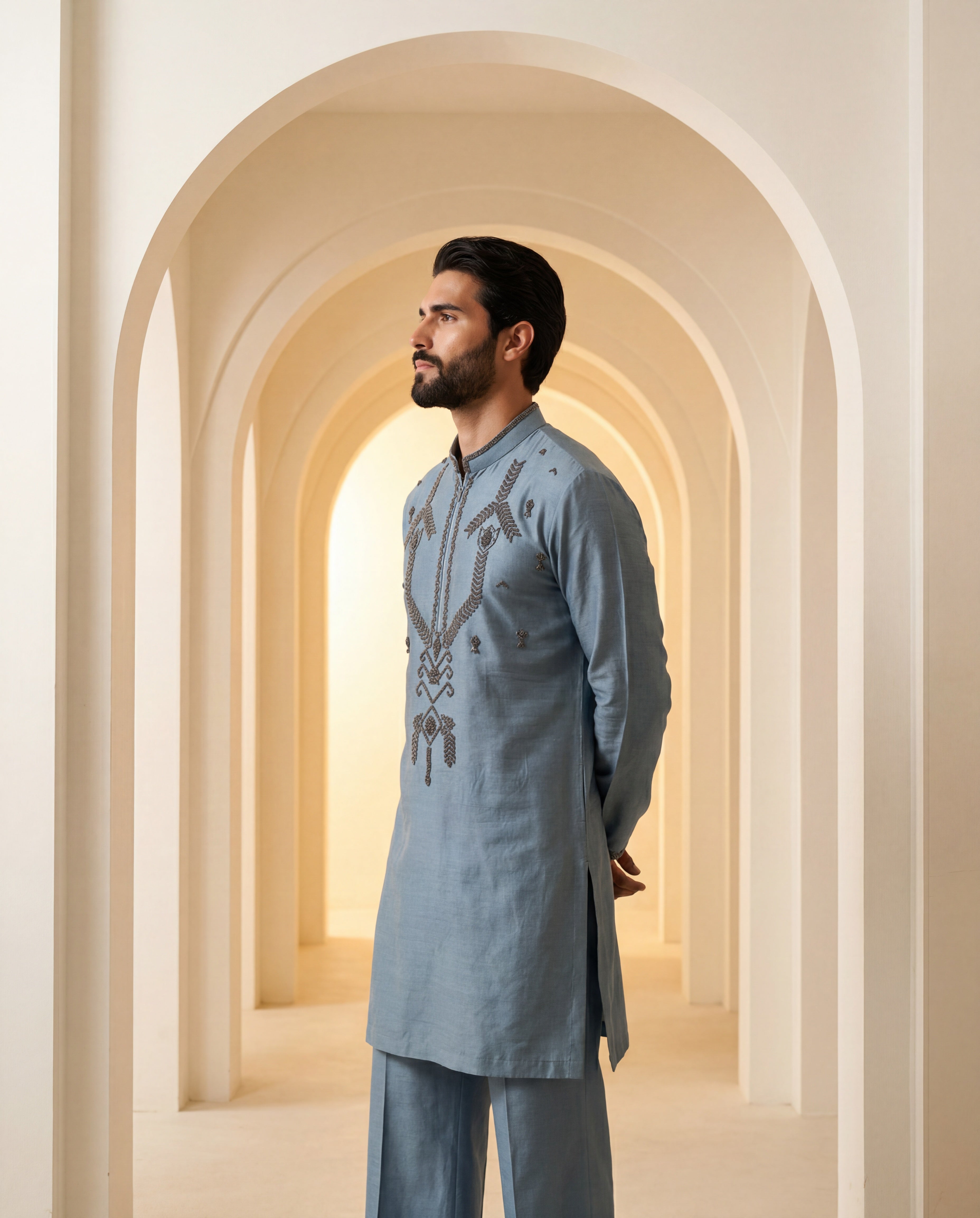 Blue Chanderi silk kurta with intricate embroidered detailing, paired with matching Chanderi silk aligadhi.