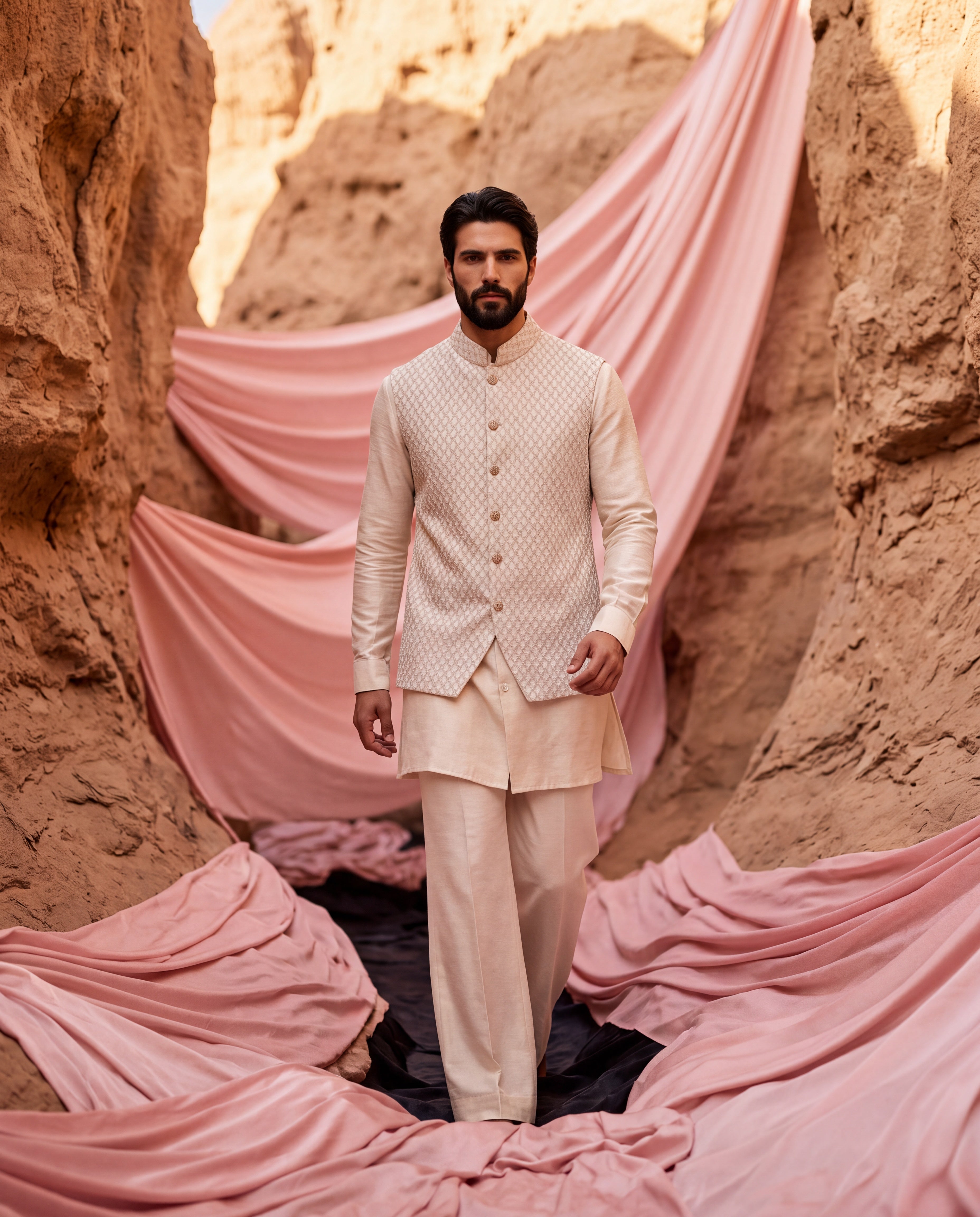 Light beige Banarasi Silk waistcoat with French knots hand embroidery detailing, paired with a silk kurta and matching aligadhi pants.
