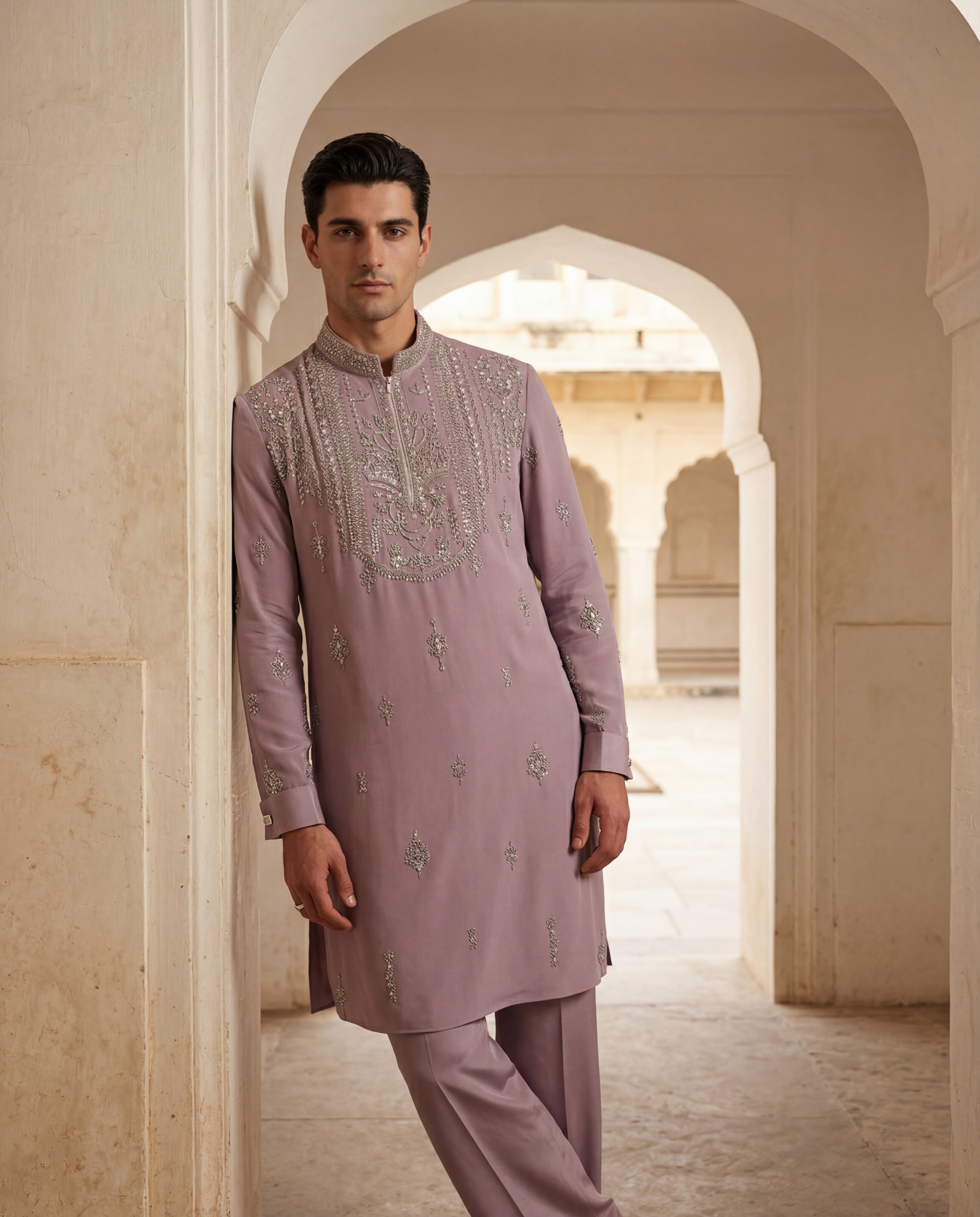 Mauve knit kurta with intricate silver hand embroidery at the neckline and scattered motifs, paired with matching palazzo.