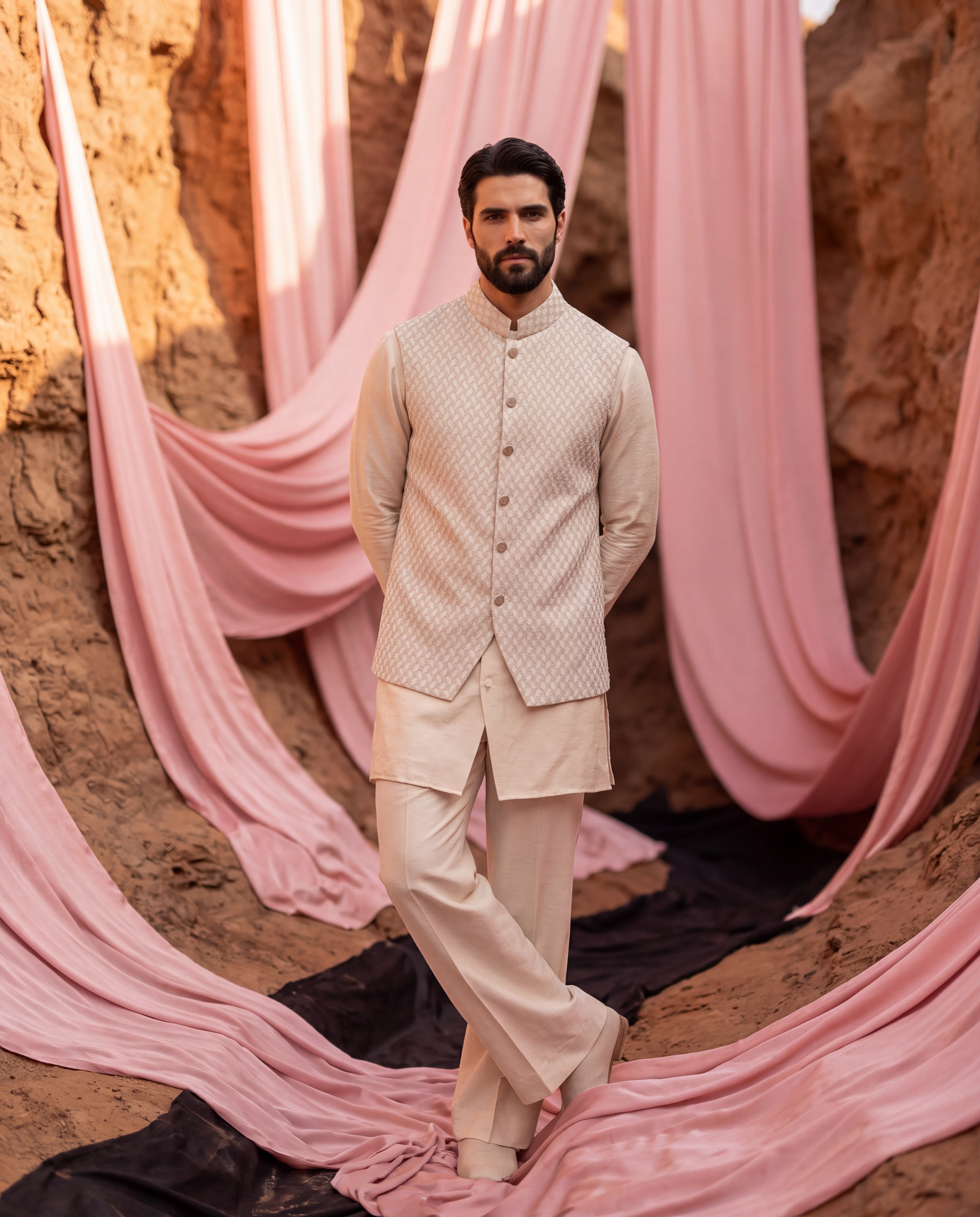 Light beige Banarasi Silk waistcoat with French knots hand embroidery detailing, paired with a silk kurta and matching aligadhi pants.