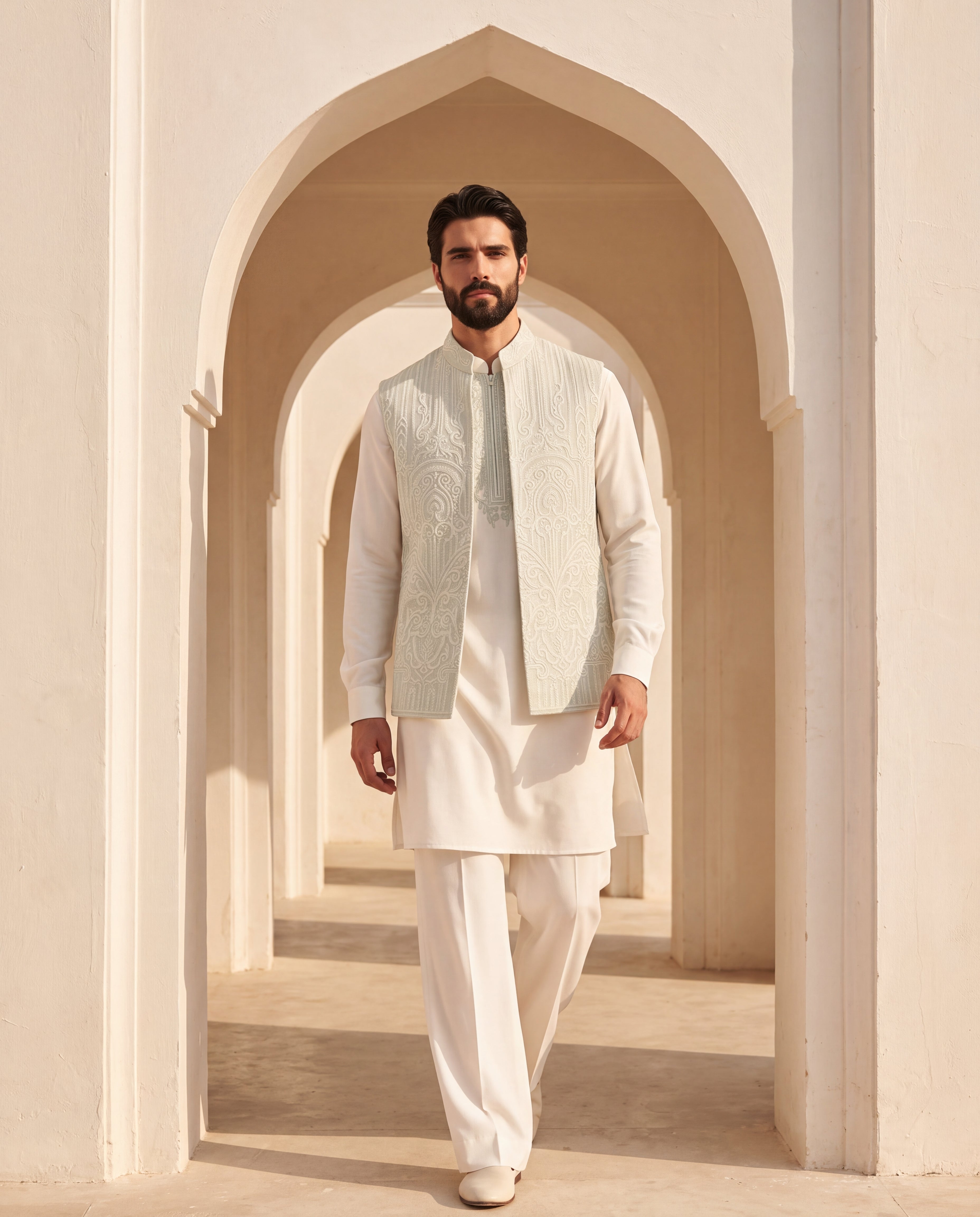 Mint green textured rayon waistcoat with white dori hand embroidery detailing, paired with a ivory knit kurta with embroidery detailing on the neck-line and matching plazzo pants.