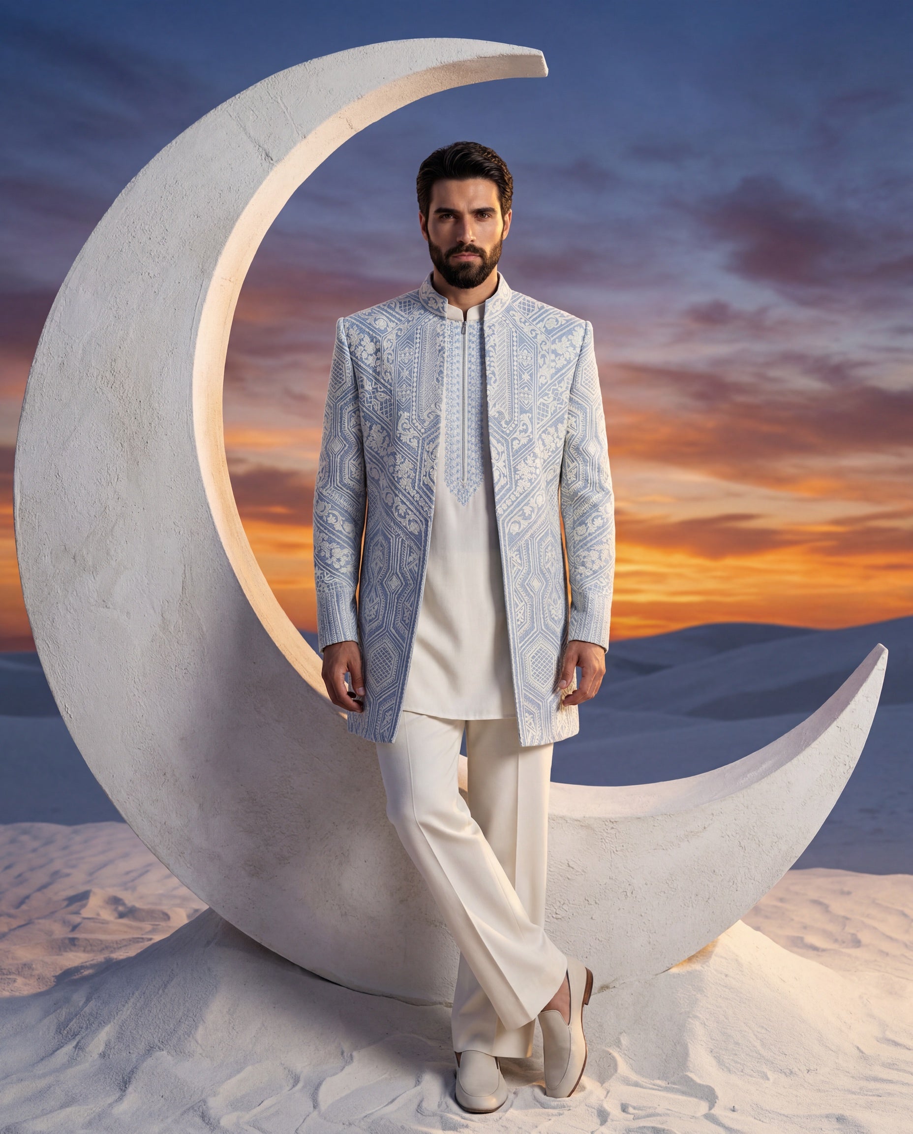 Sky blue Textured rayon Indo-Western jacket with ivory embroidery detailing, paired with a knit kurta with embroidered neckline and matching pants.