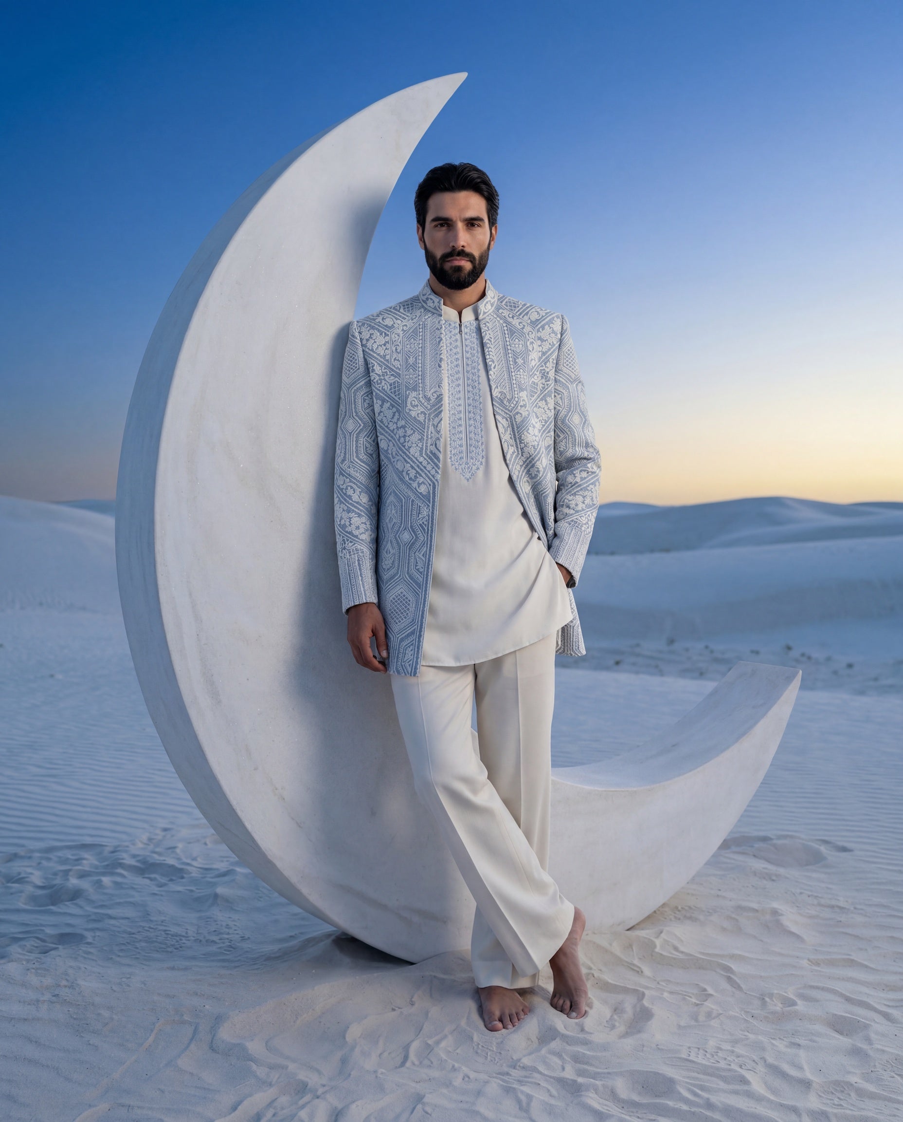 Sky blue Textured rayon Indo-Western jacket with ivory embroidery detailing, paired with a knit kurta with embroidered neckline and matching pants.
