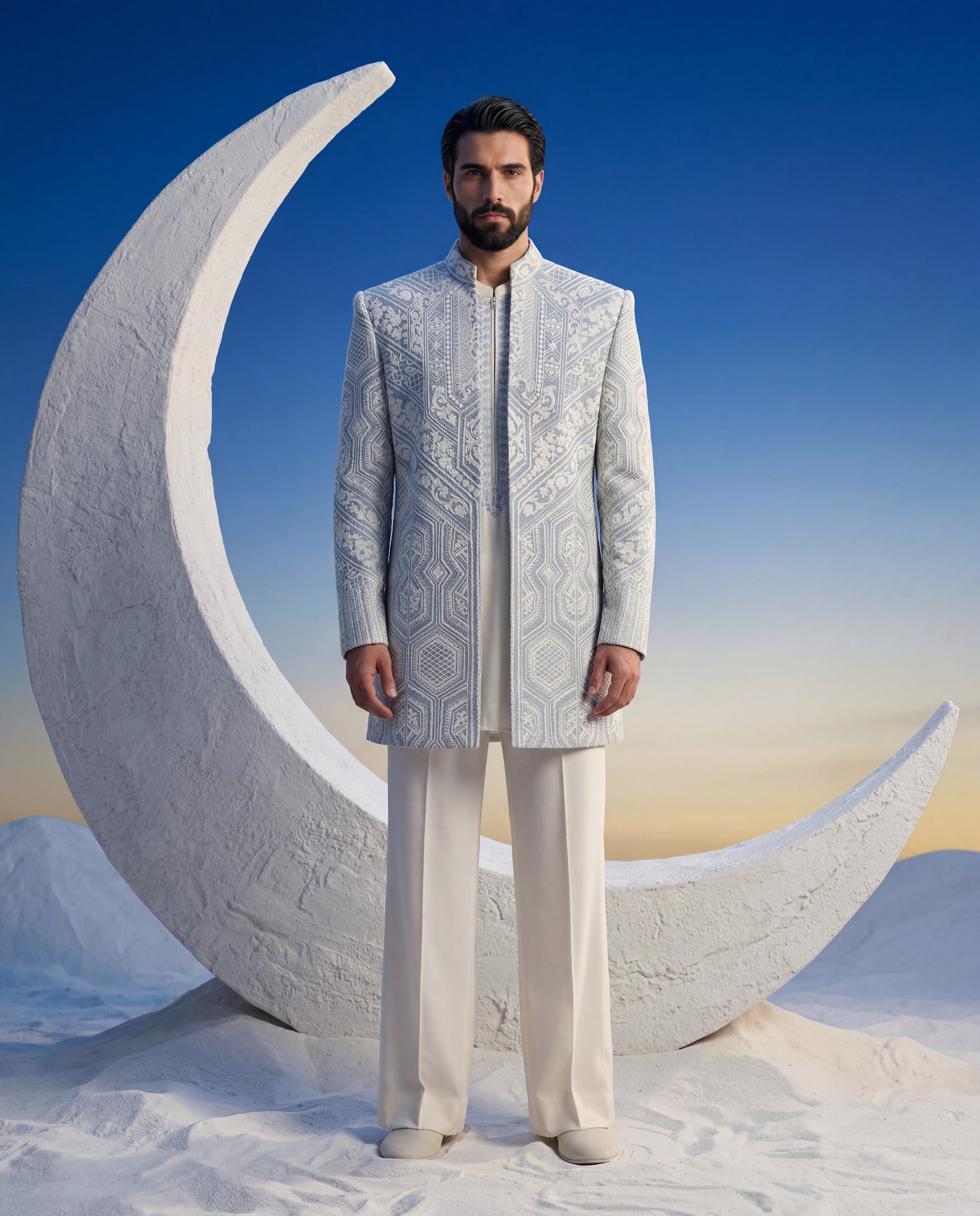 Sky blue Textured rayon Indo-Western jacket with ivory embroidery detailing, paired with a knit kurta with embroidered neckline and matching pants.