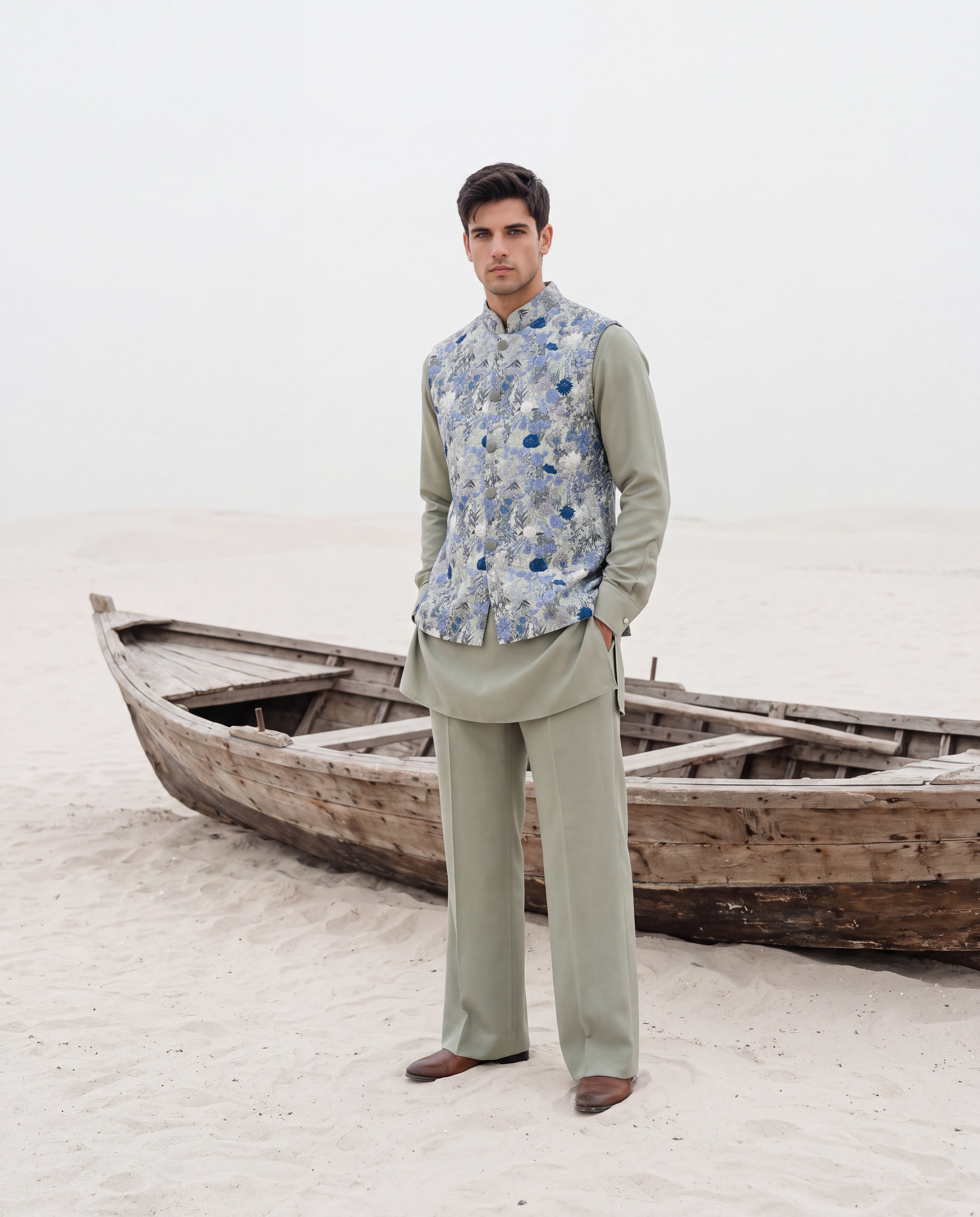 Pista green crepe waistcoat with multi-coloured floral hand-embroidery paired with a matching crepe kurta and aligadhi pants.