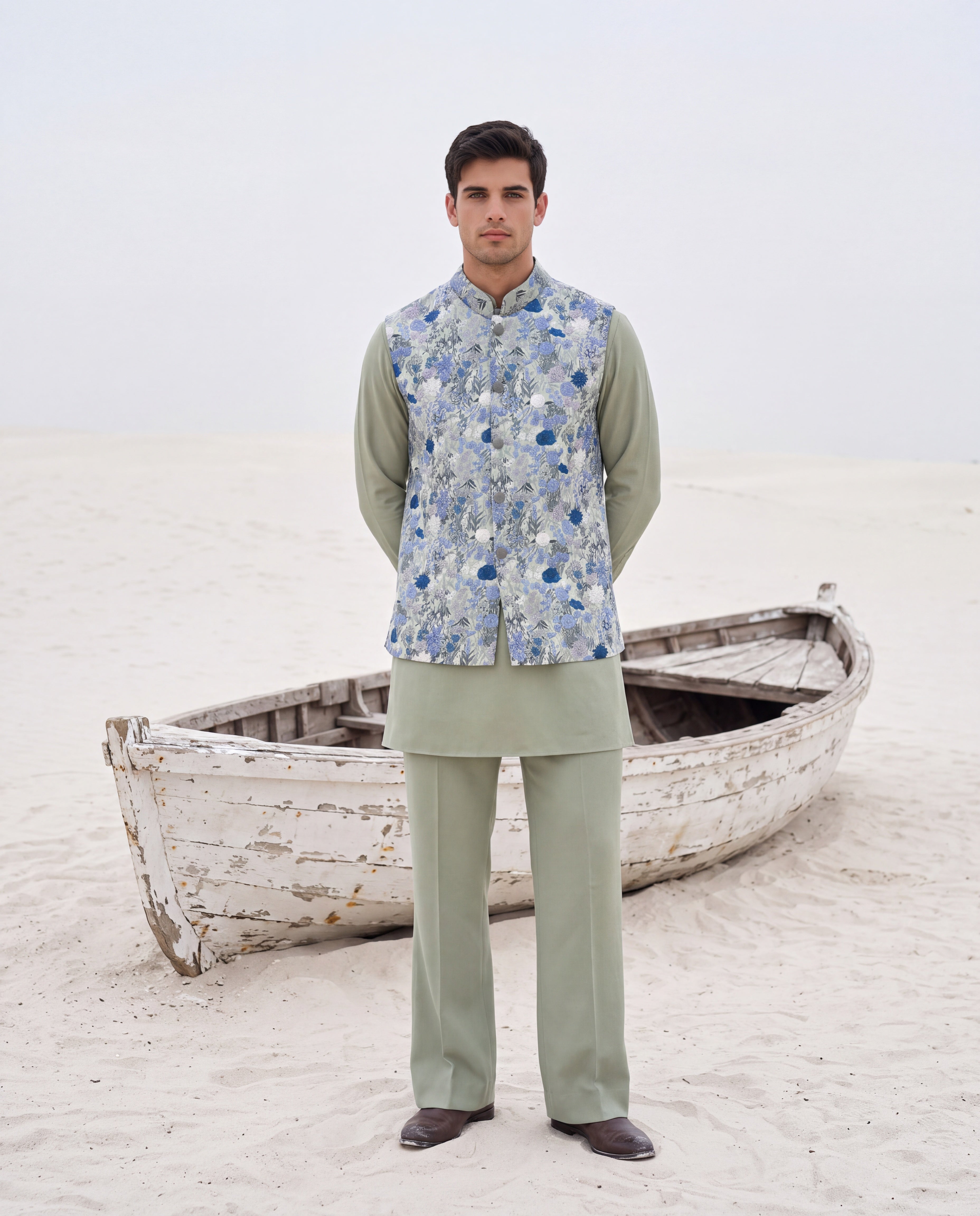 Pista green crepe waistcoat with multi-coloured floral hand-embroidery paired with a matching crepe kurta and aligadhi pants.