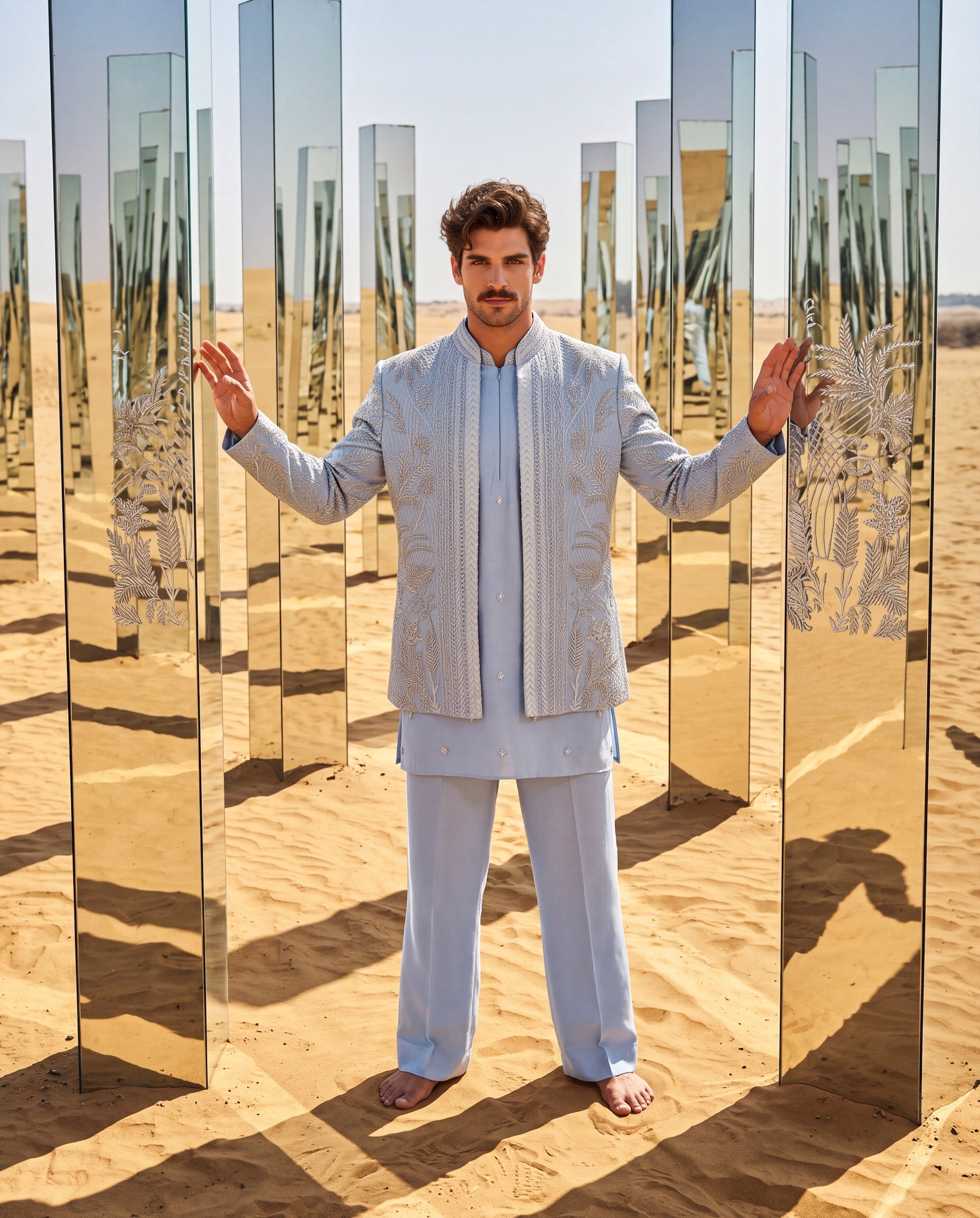 Sky blue Linen rayon silk Indo-Western jacket with metallic embroidery detailing, paired with a matching kurta and palazzo.