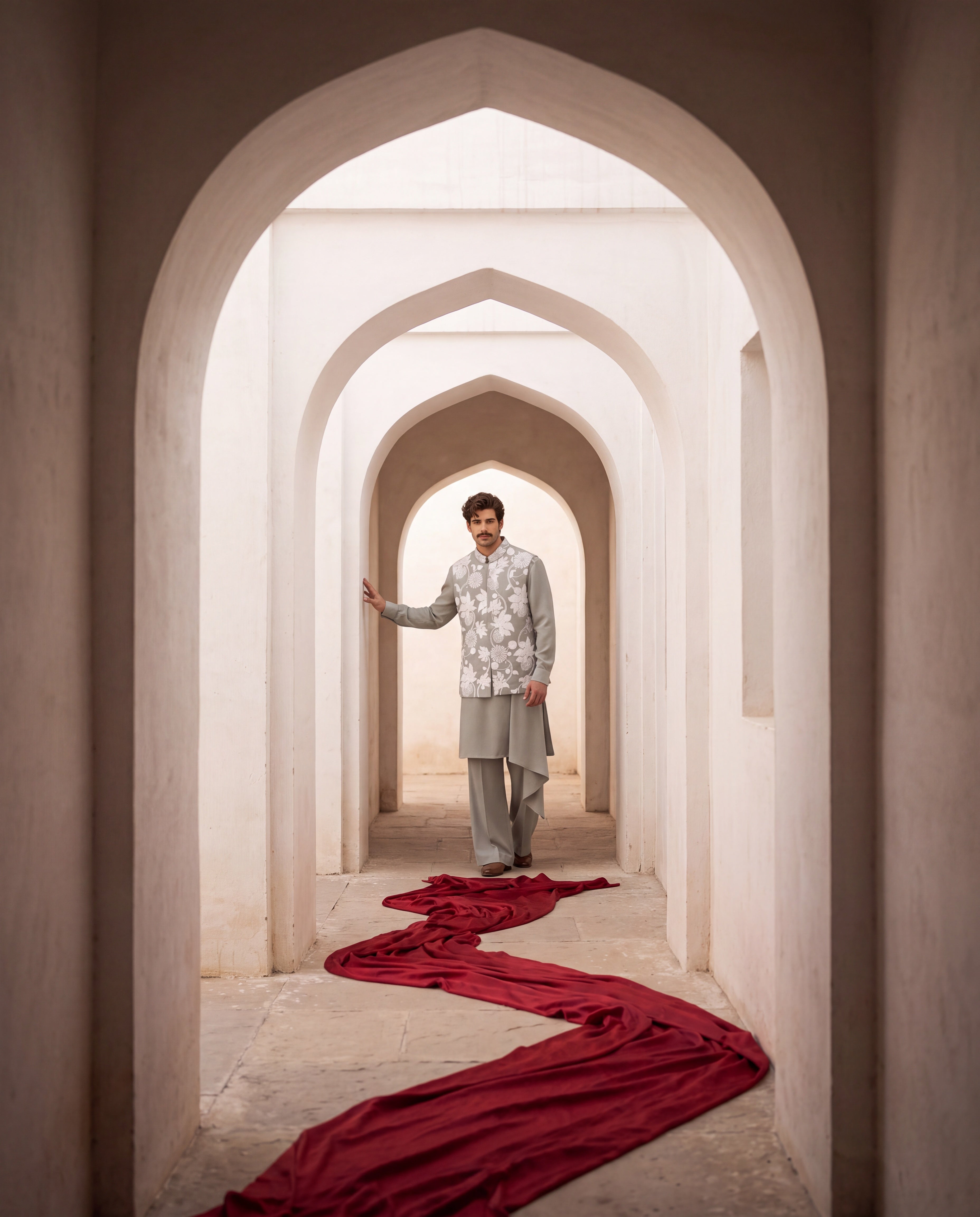 Pista green knit waistcoat with white floral hand-embroidery paired with a matching knit draped kurta and aligadhi pants.