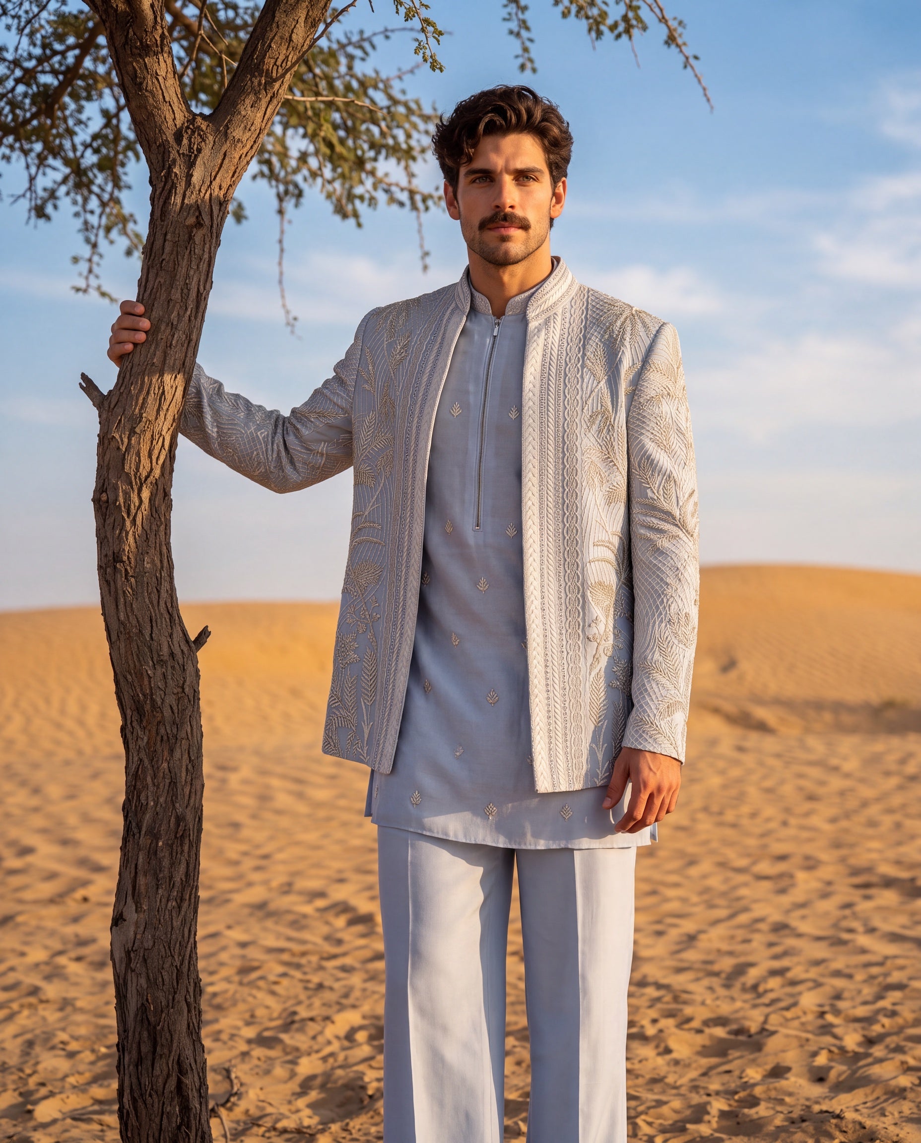 Sky blue Linen rayon silk Indo-Western jacket with metallic embroidery detailing, paired with a matching kurta and palazzo.