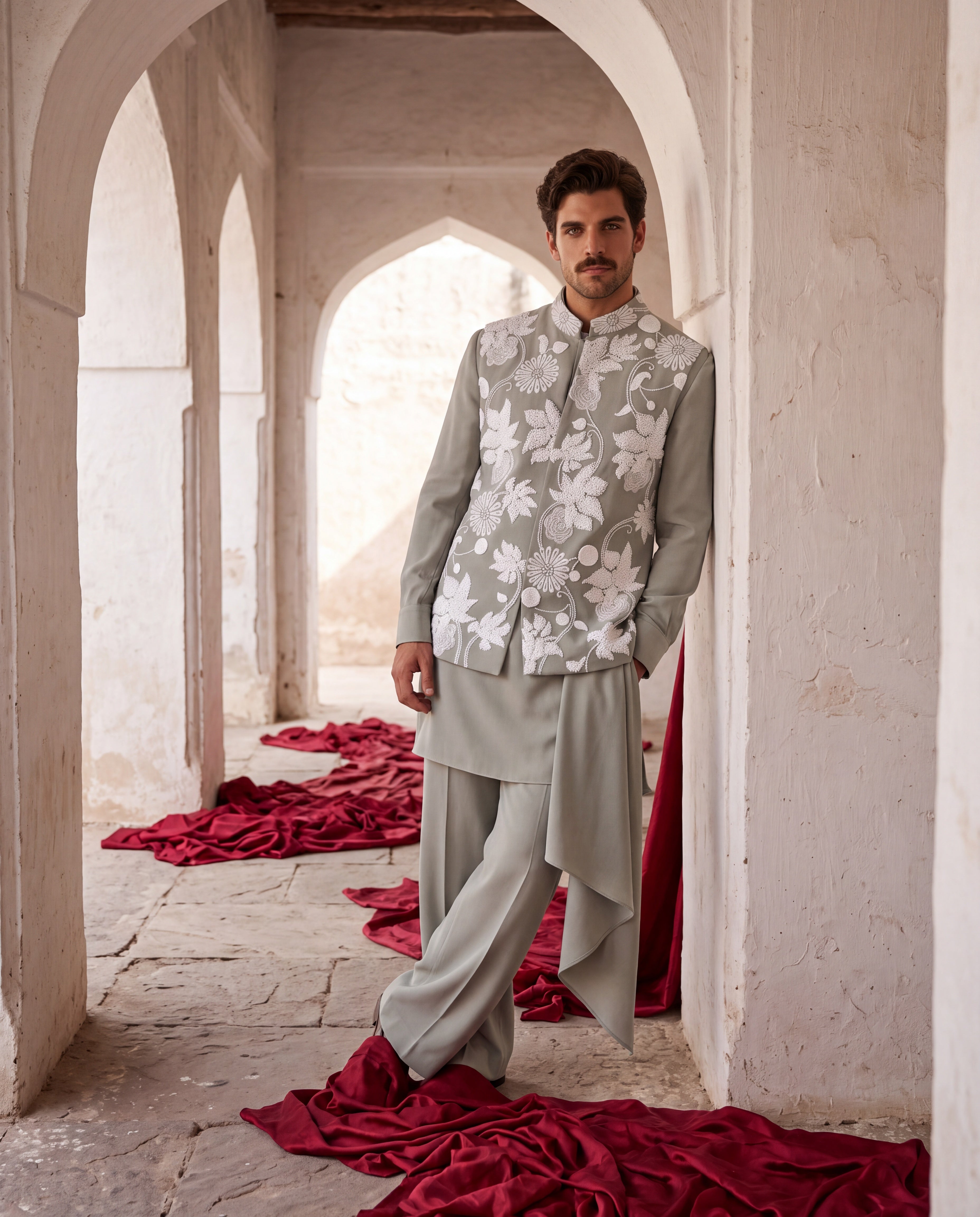 Pista green knit waistcoat with white floral hand-embroidery paired with a matching knit draped kurta and aligadhi pants.
