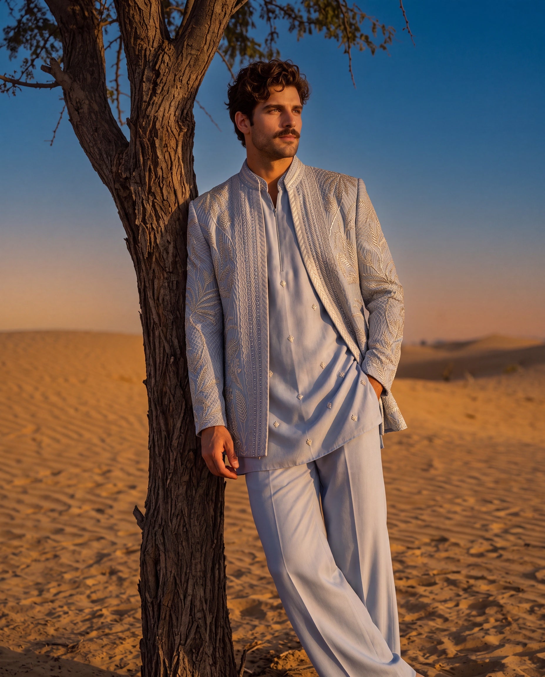 Sky blue Linen rayon silk Indo-Western jacket with metallic embroidery detailing, paired with a matching kurta and palazzo.