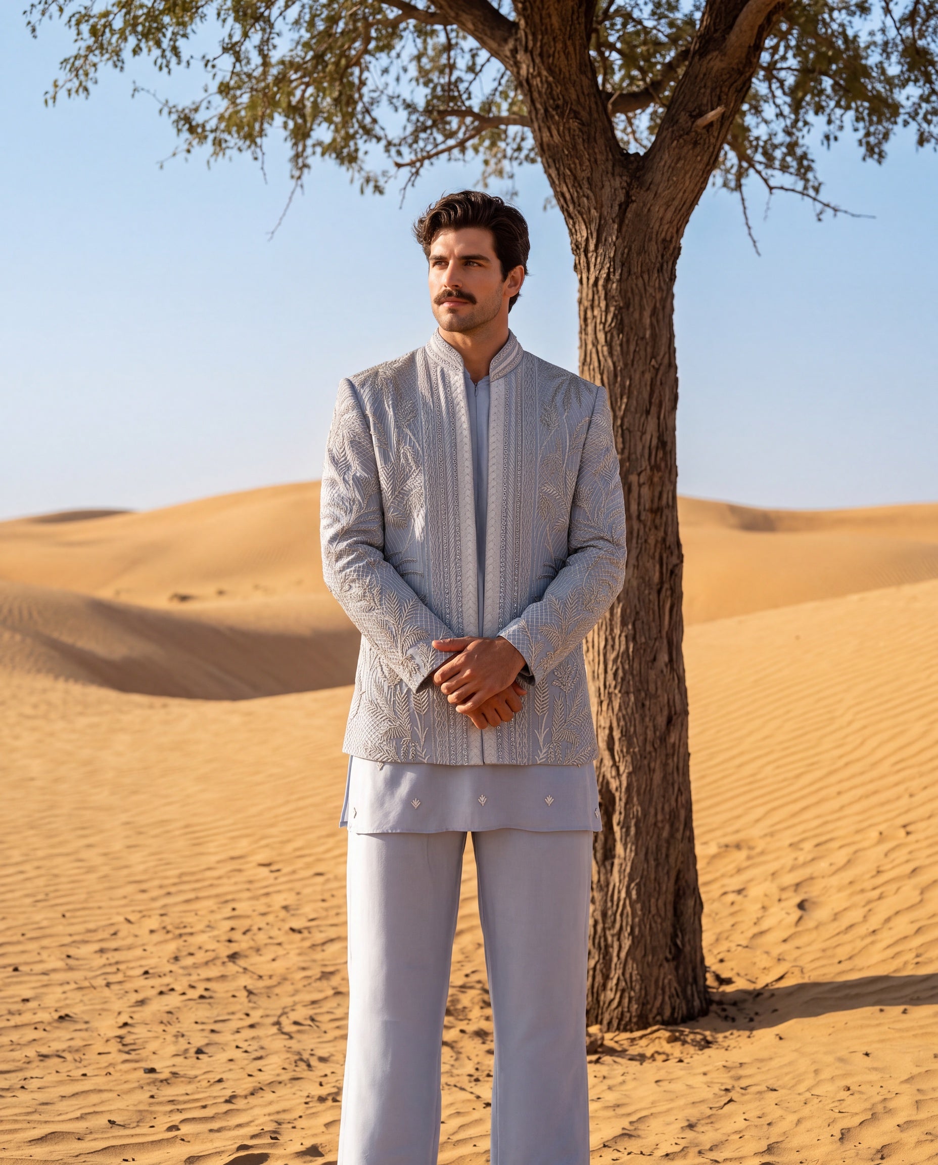Sky blue Linen rayon silk Indo-Western jacket with metallic embroidery detailing, paired with a matching kurta and palazzo.