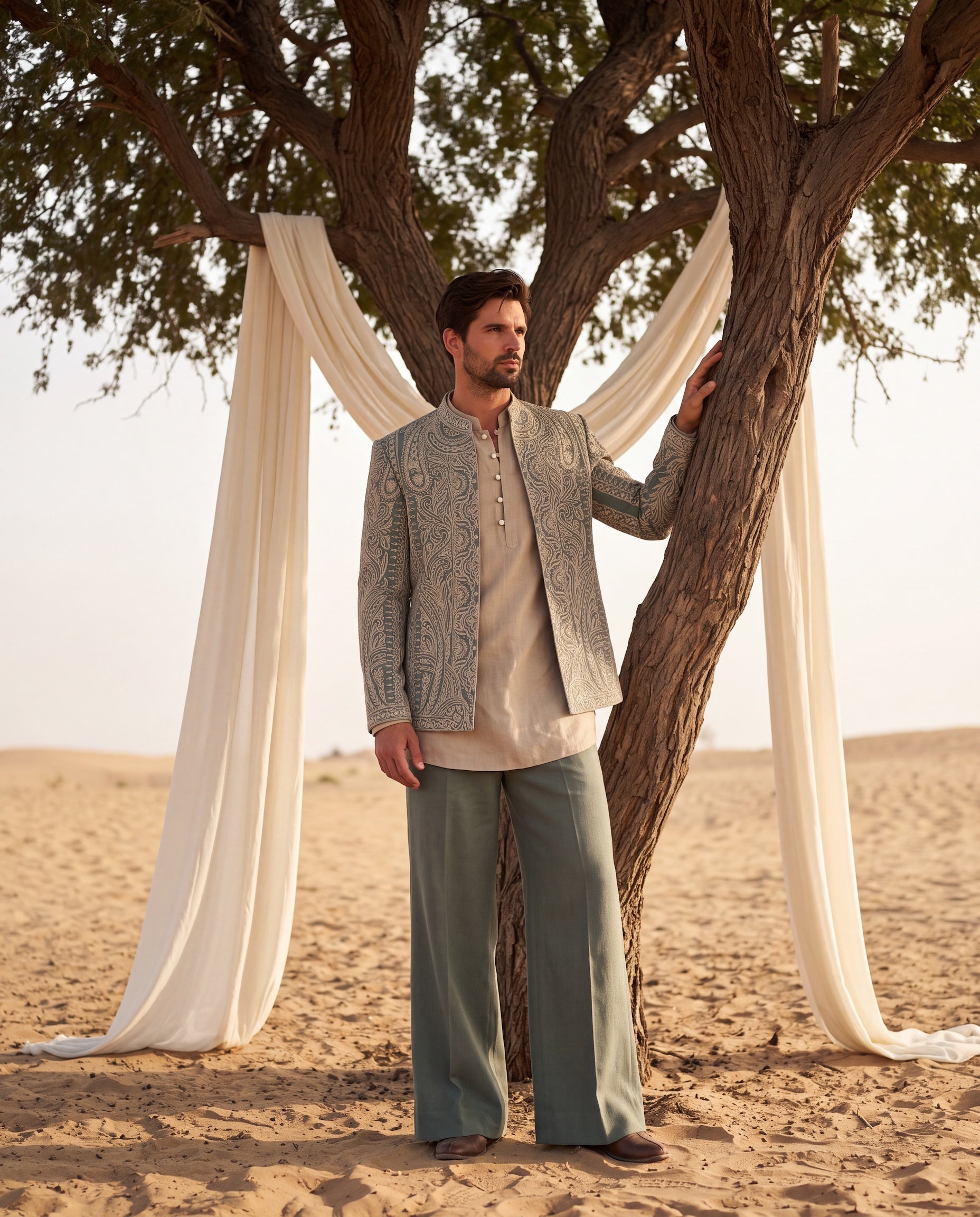 Sage green Textured knit Indo-Western jacket with beige dori embroidery detailing, paired with a Monga silk kurta and matching palazzo.
