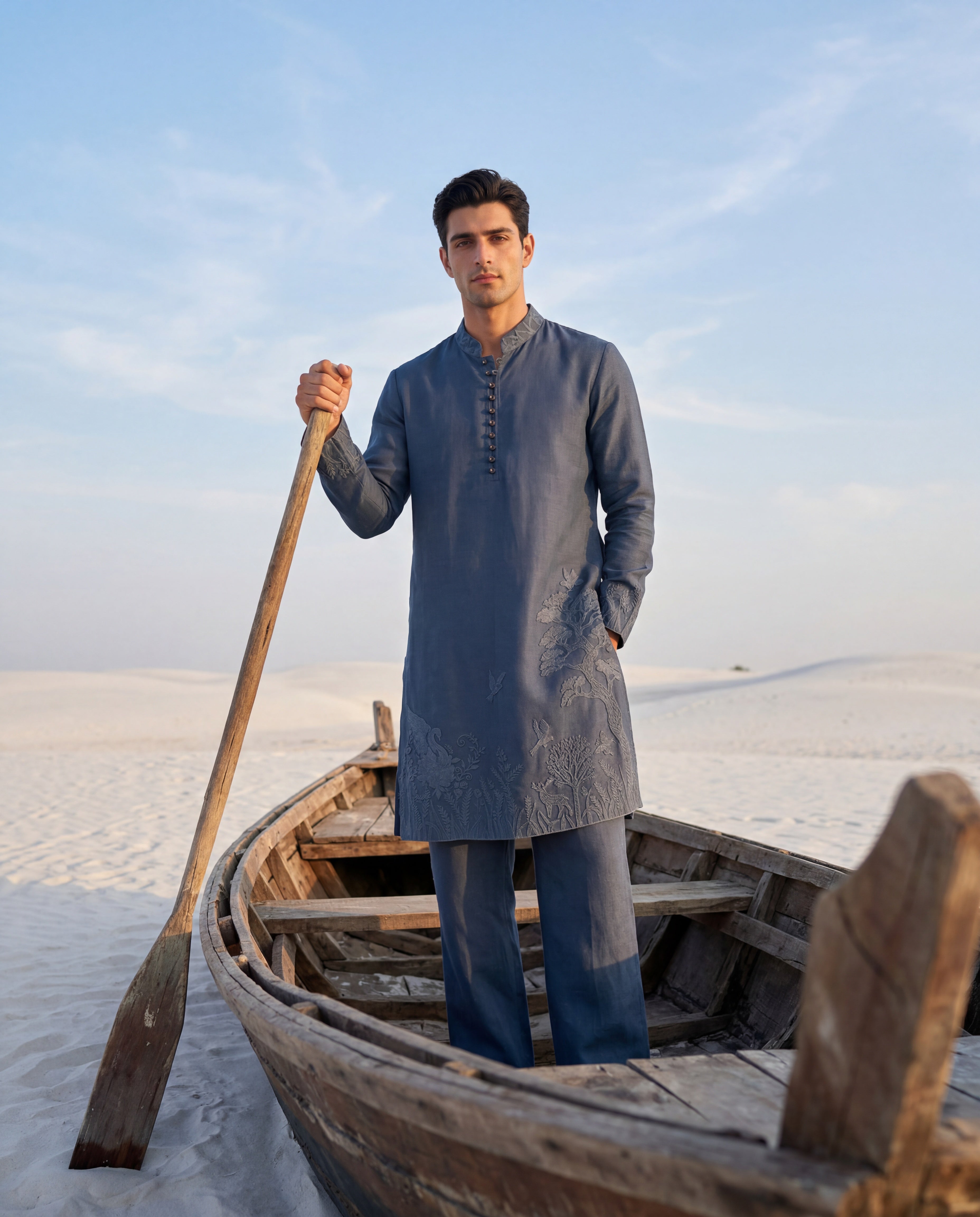 Dark turquoise Chanderi silk kurta with tonal embroidery, paired with matching Chanderi silk palazzo.