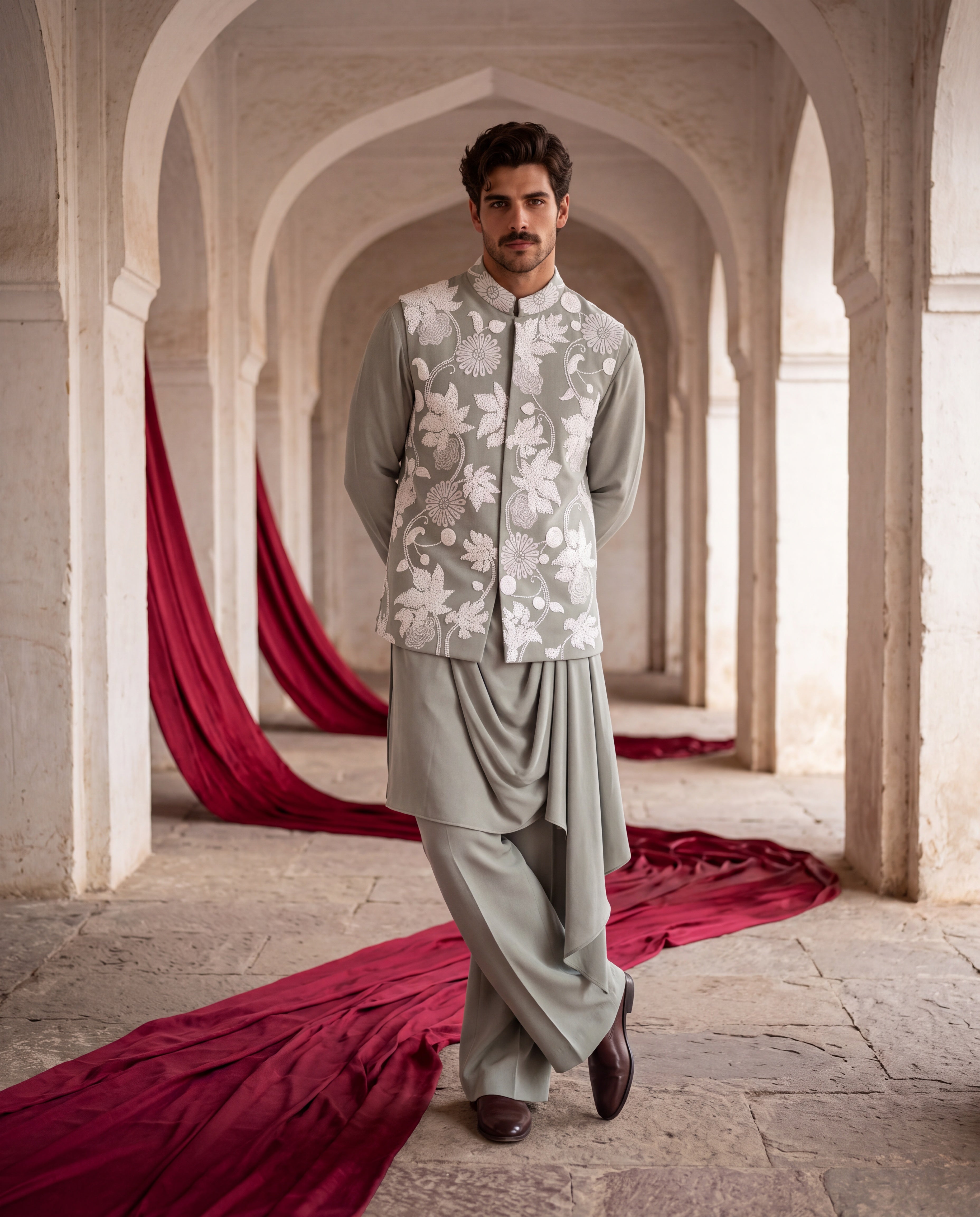 Pista green knit waistcoat with white floral hand-embroidery paired with a matching knit draped kurta and aligadhi pants.