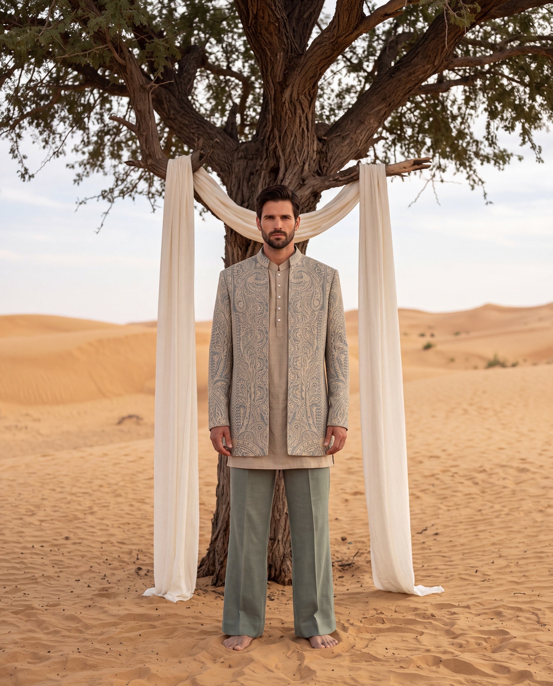 Sage green Textured knit Indo-Western jacket with beige dori embroidery detailing, paired with a Monga silk kurta and matching palazzo.